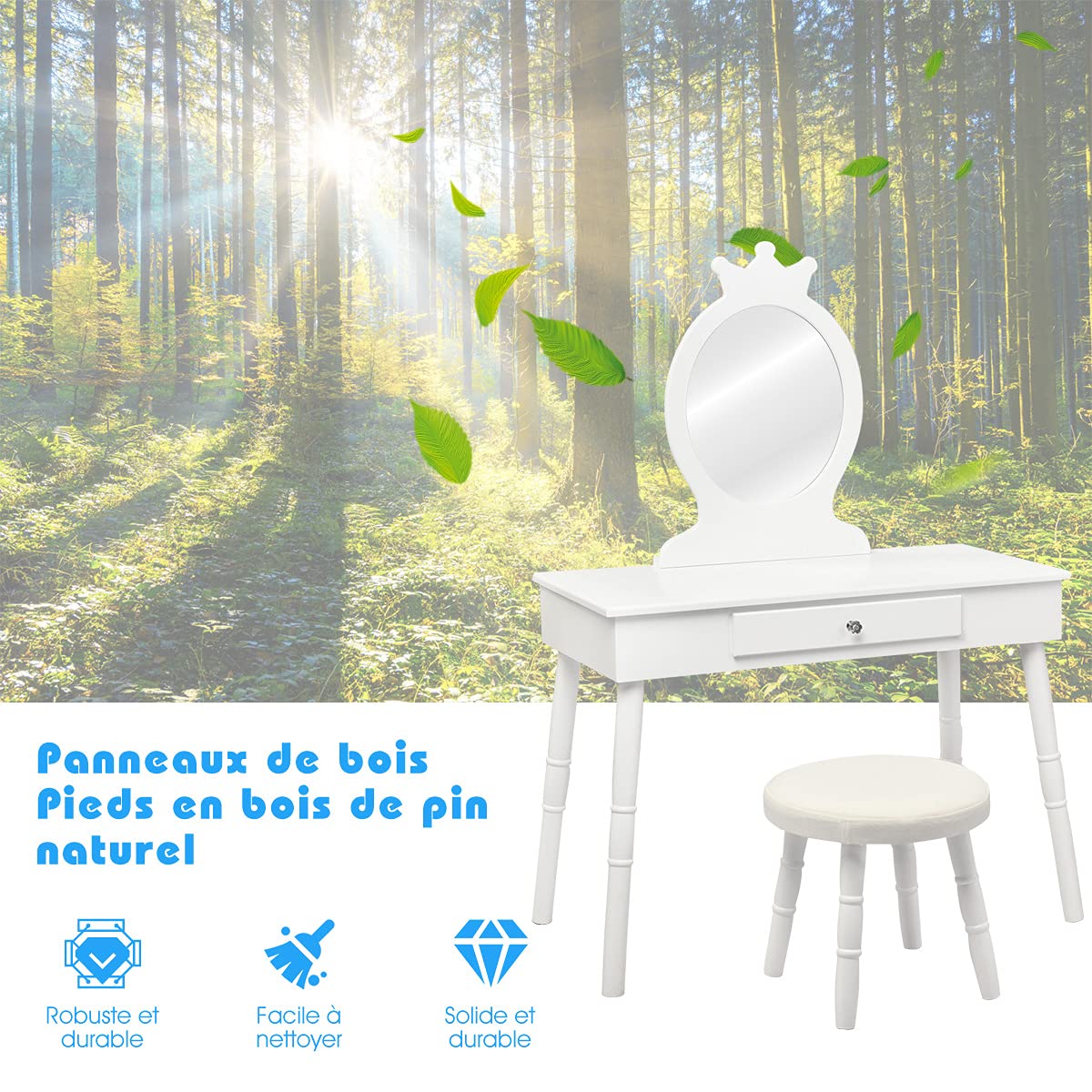GOPLUS Tocador Infantil con Espejo en Forma de Corona (Incluye Mesa de Maquillaje y Taburete), 1 cajón, Accesorio de Maquillaje, Mesa de Maquillaje para niñas, Estilo Princesa (Blanco)