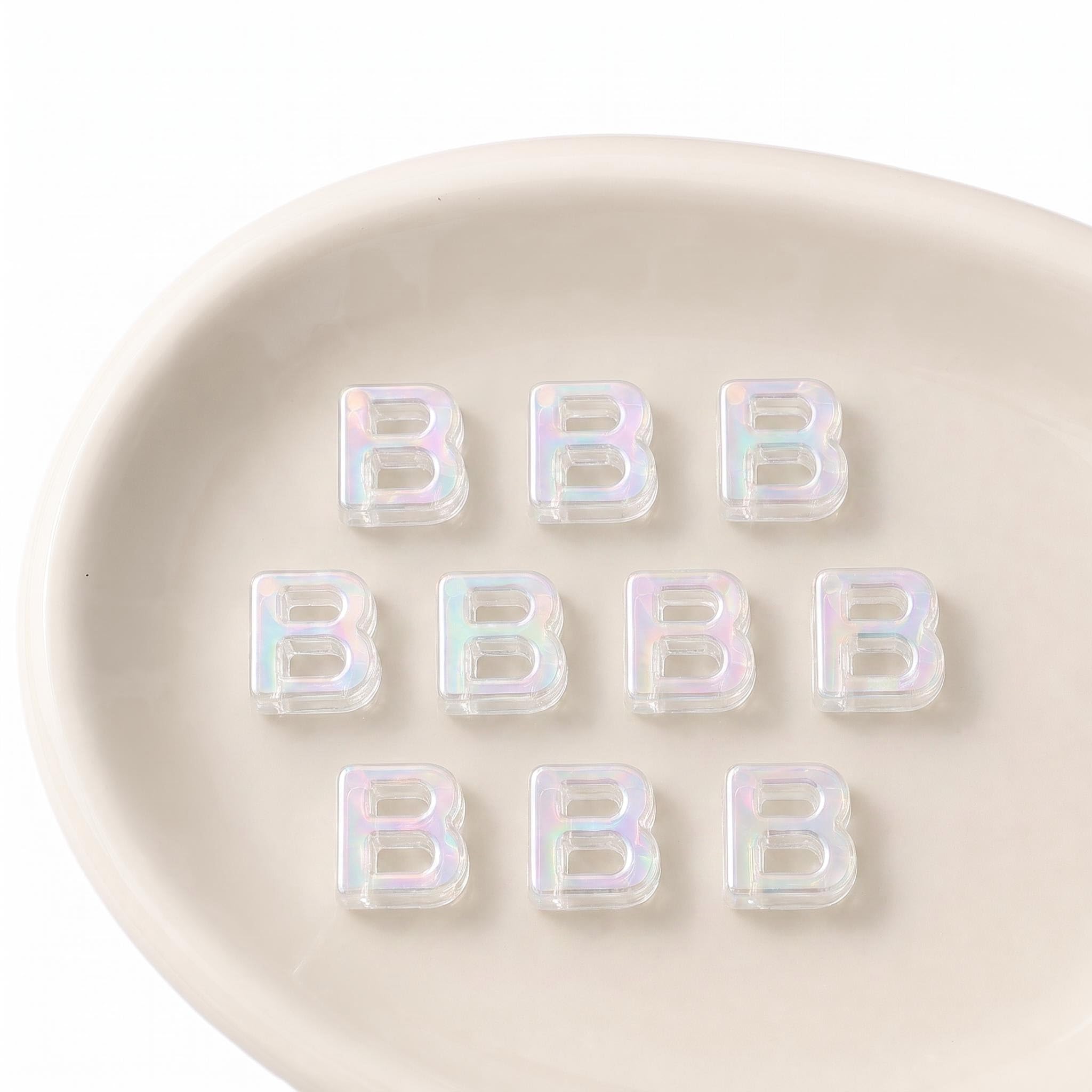 Letter Beads 10pcs, Large Acrylic Alphabet Beads with 6mm Hole, Iridescent Holographic UV Plated for Bracelet Making, Jewellery, Keyrings & Craft (Iridescent Aurora White, Letter B)