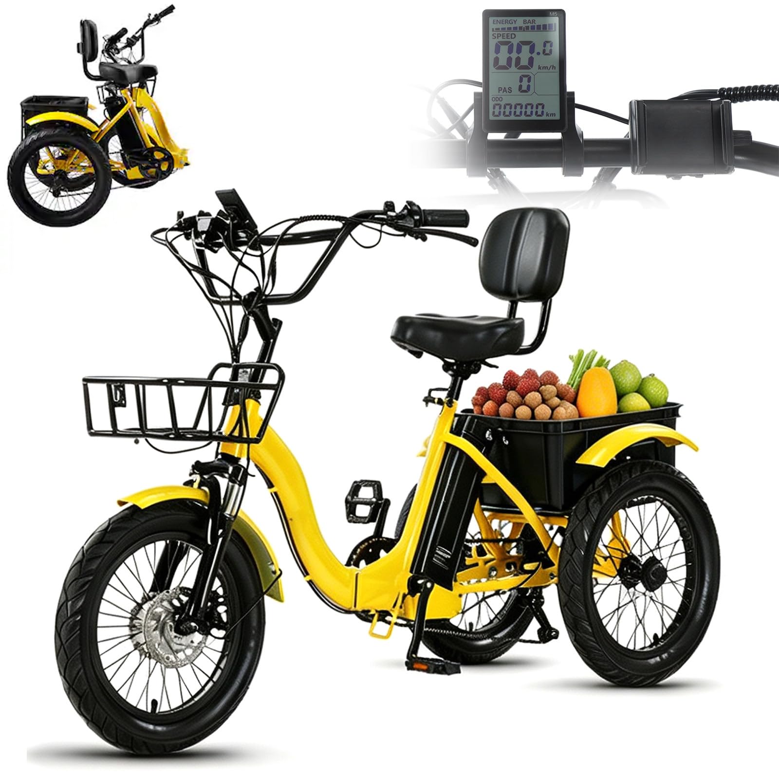 BuilfutenM Tricycle Electric Bike Adult Fat Tyre for Adults Bike Pedal Bike with Basket Easy Climbing Load Capacitay Fat Tire for Adults,Comfortable Rides 18Inch-Yellow