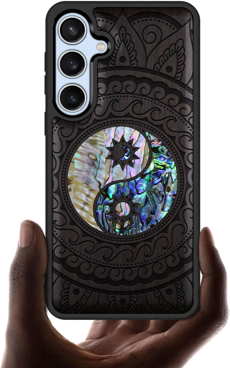 Carveit Designer Wooden Case for Samsung Galaxy S24 FE Case [Wood Engraving & Shell Inlay] Compatible with Wireless Chargers S24 FE Cover (Incomplete Compass-Rosy)