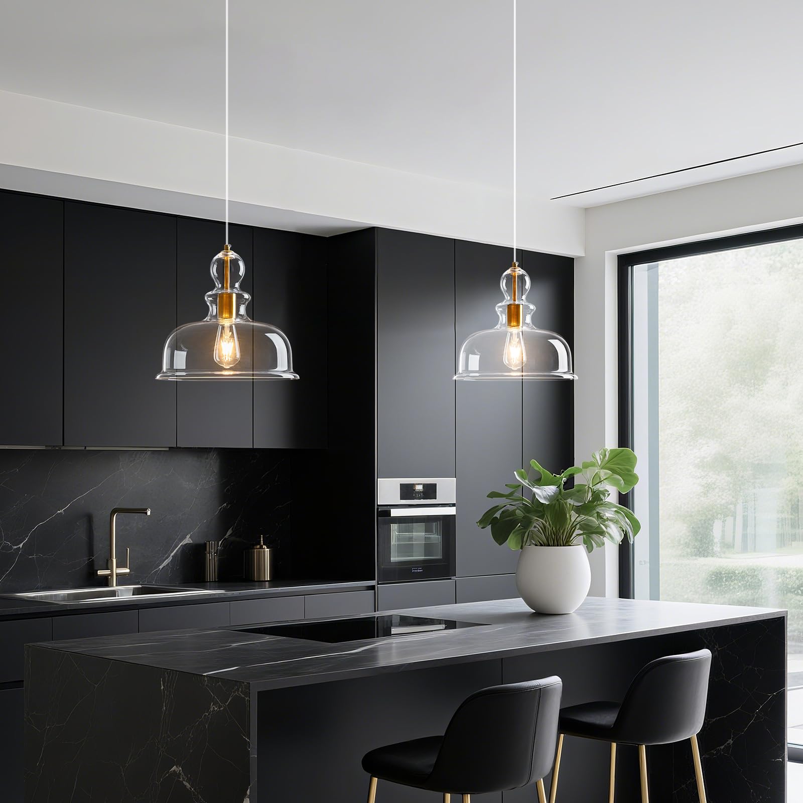 Lámparas de cristal transparentes en forma de campana, lámparas colgantes modernas con acentos dorados, ideales para la iluminación de cocinas, comedores y dormitorios (Gold-C)