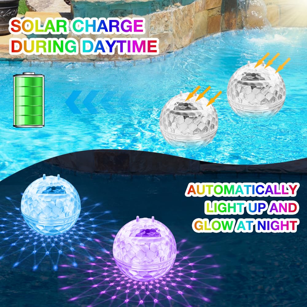 Solar Schwimmende Poolbeleuchtung, 2 Stück Teichbeleuchtung, Wasserdichte Schwimmkugel, LED Multifarbige Deko für Pool und Garten