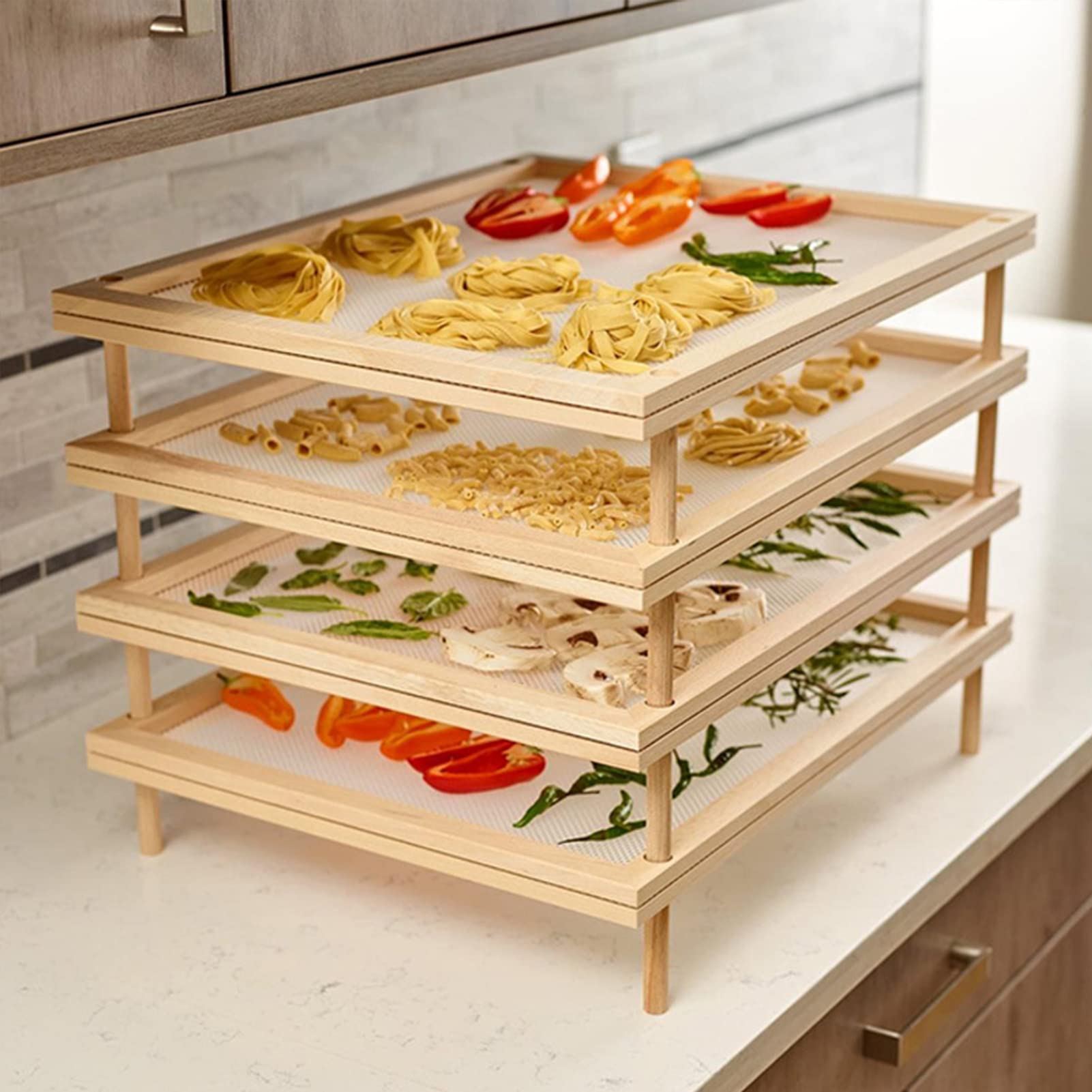Richolyn Secado Hierbas Secado Pasta Madera, Secador Alimentos apilable Madera con Red, Herramienta deshidratación confiable Almacenamiento Frutas