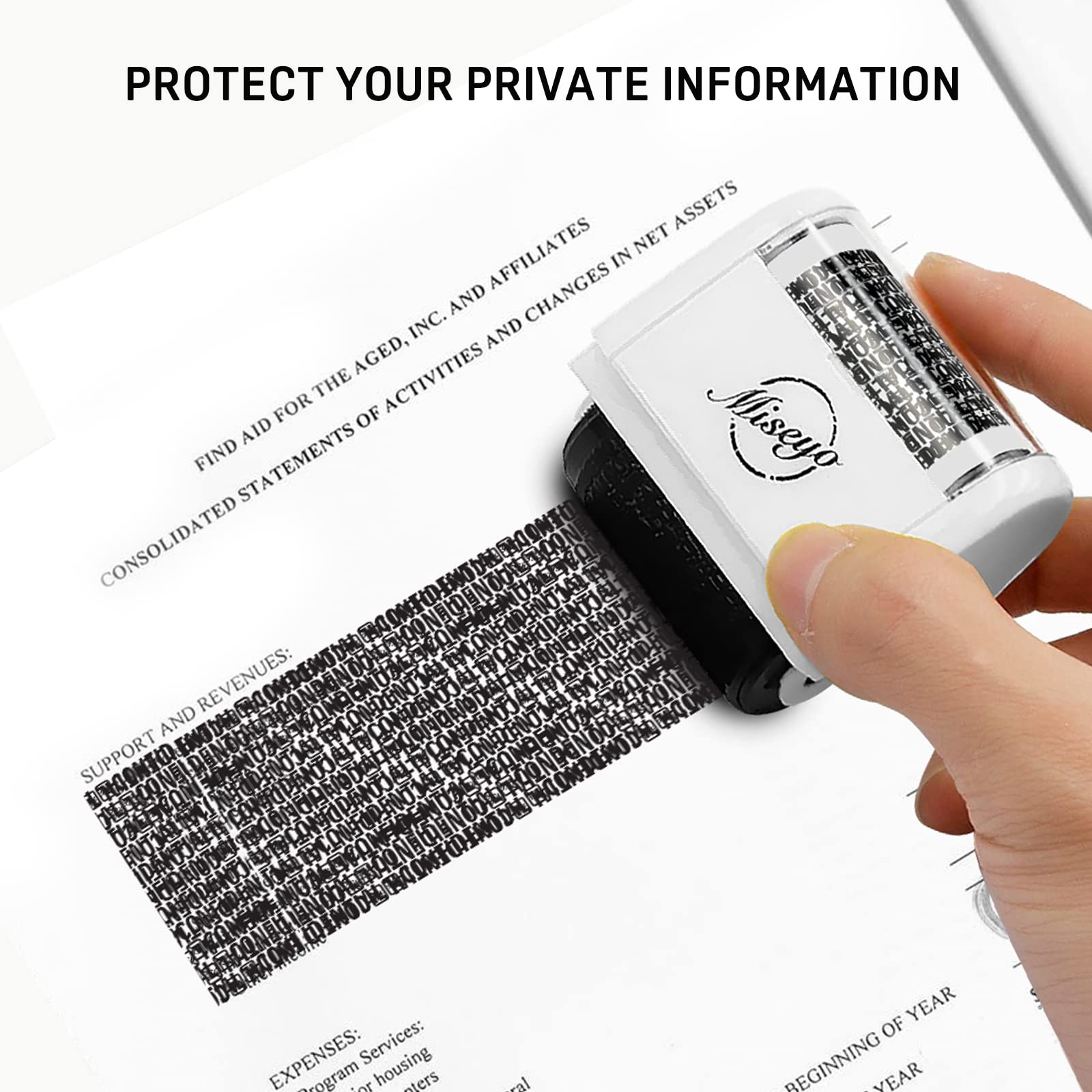 Miseyo Wide Identity Theft Protection Roller Stamp Set - White (3 Refill Ink Included), Stamp+3 Refills - Image 4