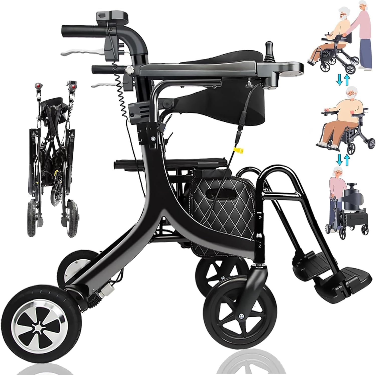Andador con Ruedas 5 en 1 para Personas Mayores, Andador con Ruedas eléctrico Plegable, Carrito con Asiento, Andador médico portátil, Silla de Ruedas eléctrica, Ayuda para Caminar con Ruedas