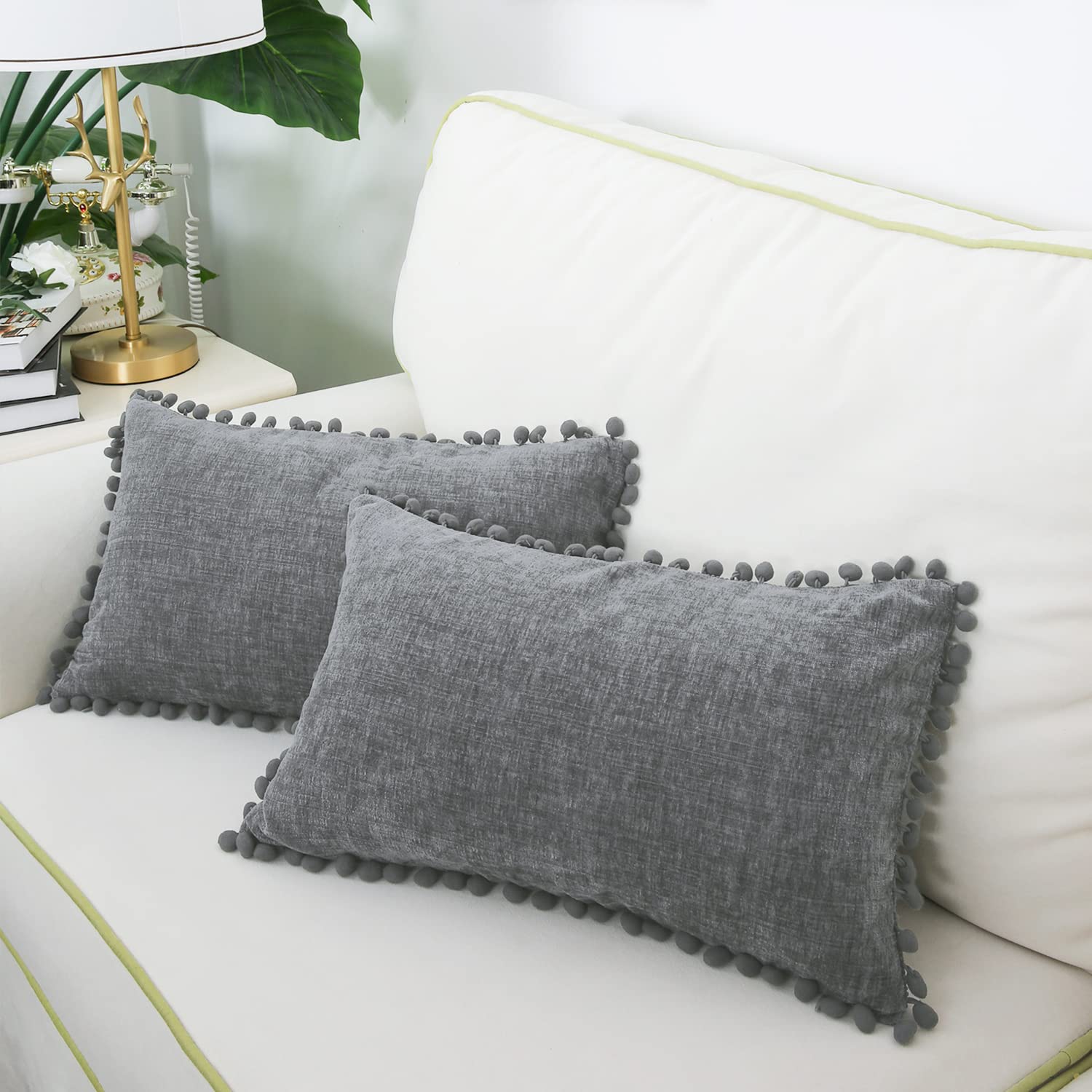 CaliTime Pillow Cases Pack of 2 Cozy Solid Dyed Soft Chenille Cushion Covers with Pom Poms for Couch Sofa Home Decoration 30cm x 50cm Medium Grey - Image 4