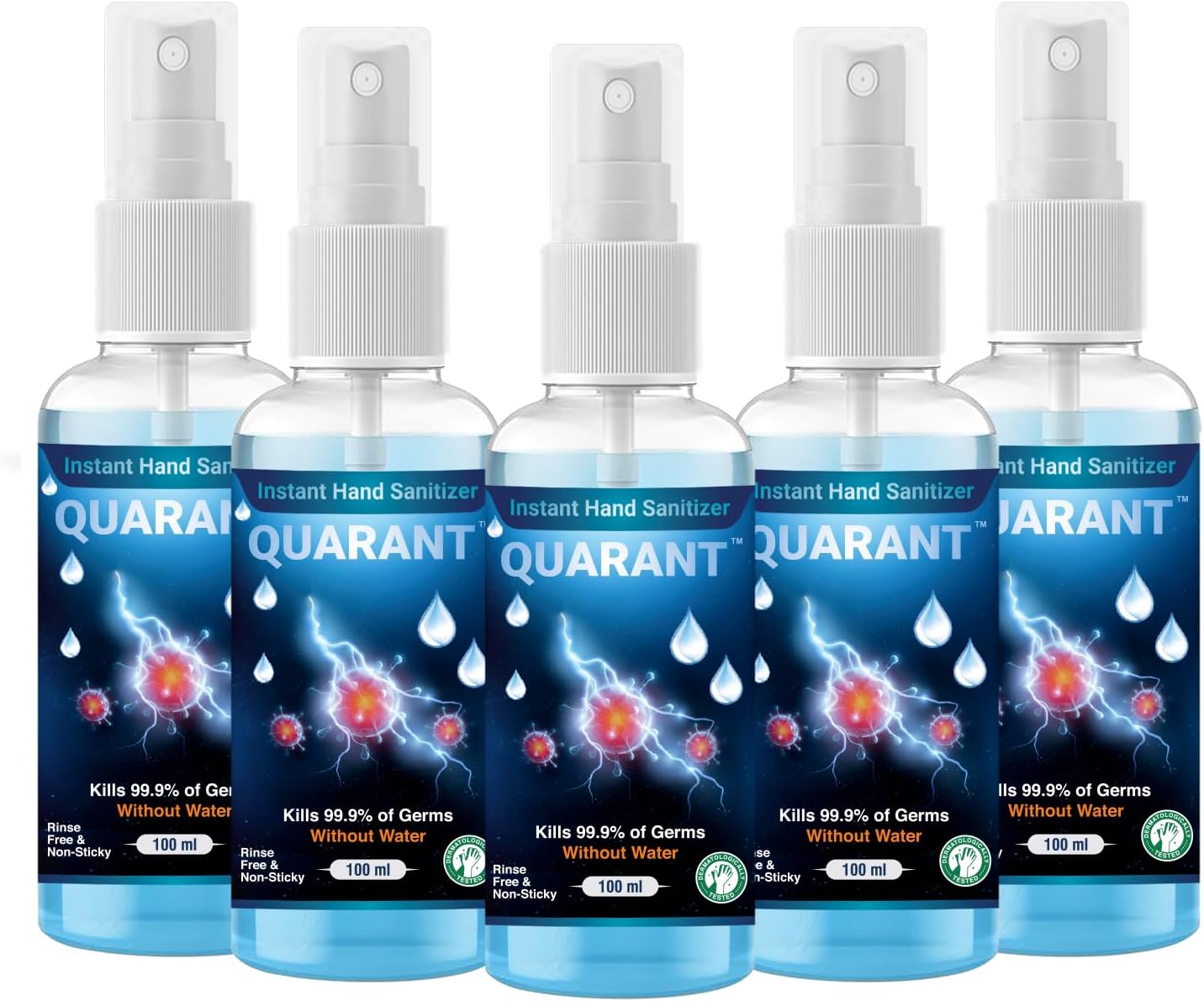 QUARANT 80% Alcohol Based Instant Hand Sanitizer Spray, Small Pocket Size Liquid Spray Bottle, Kills 99.9% Germs, WHO Recommended Formula & FDA Approved, 100 ML (Pack of 5)