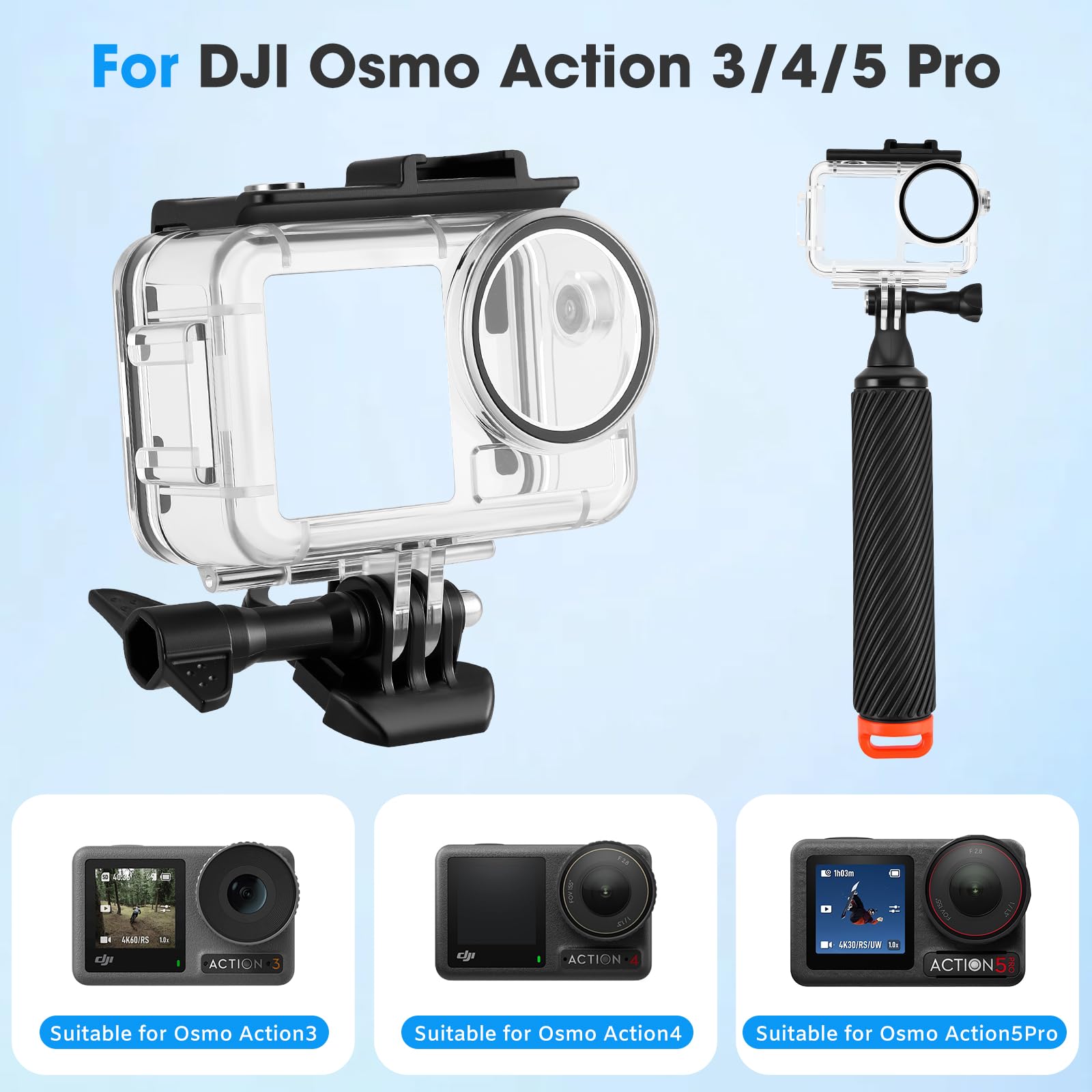 Carcasa impermeable sumergible de 60 m / 196 pies con 3 filtros y juego de mango flotante, compatible con DJI Osmo Action 5 Pro/Action 4, carcasa protectora de buceo monopod mango flotante
