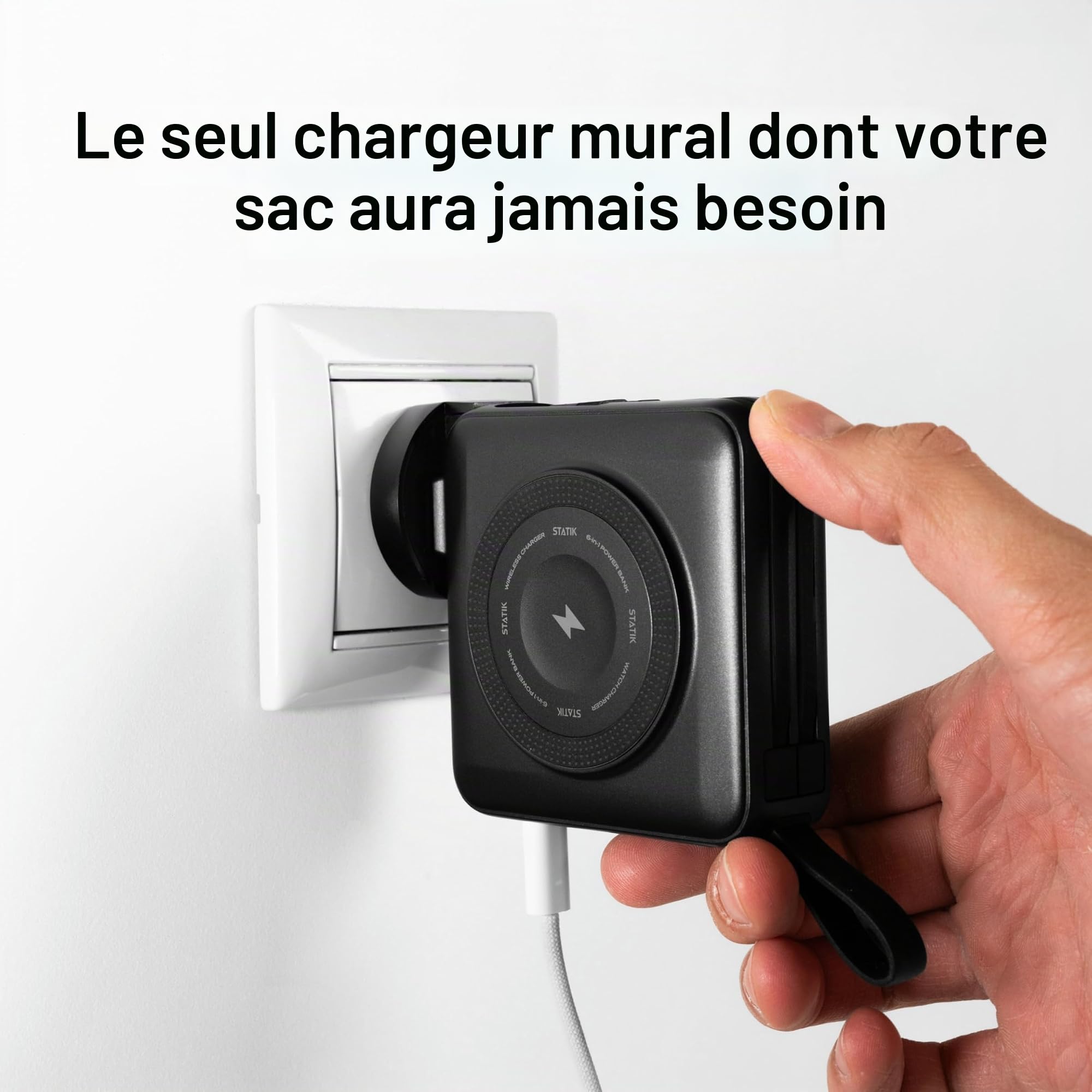 STATIK SmartCharge Batterie externe de voyage 5 en 1 avec prise murale et câbles USB C intégrés, 10 000 mAh essentiels de voyage internationaux et chargeur portable européen, compatible avec iPhone 16