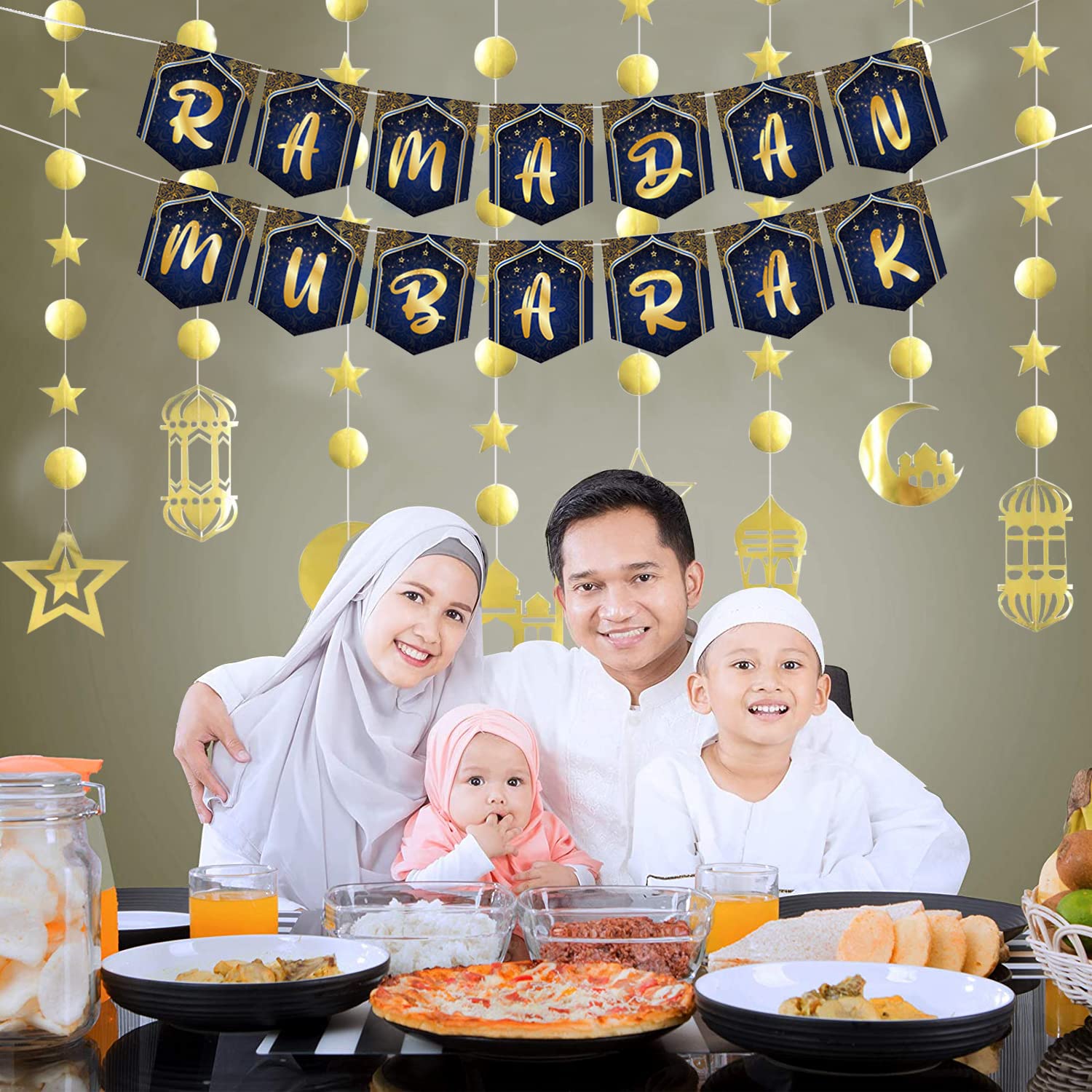 Decorazioni Ramadan Ramadan Mubarak Banner Gold Stella Luna Lanterna Ramadan Ghirlanda Decorazioni, EID Mubarak Cartello Islamico Decorazione Per Eid Festival Party Decorazione Ramadan Kareem Ghirlande Eid