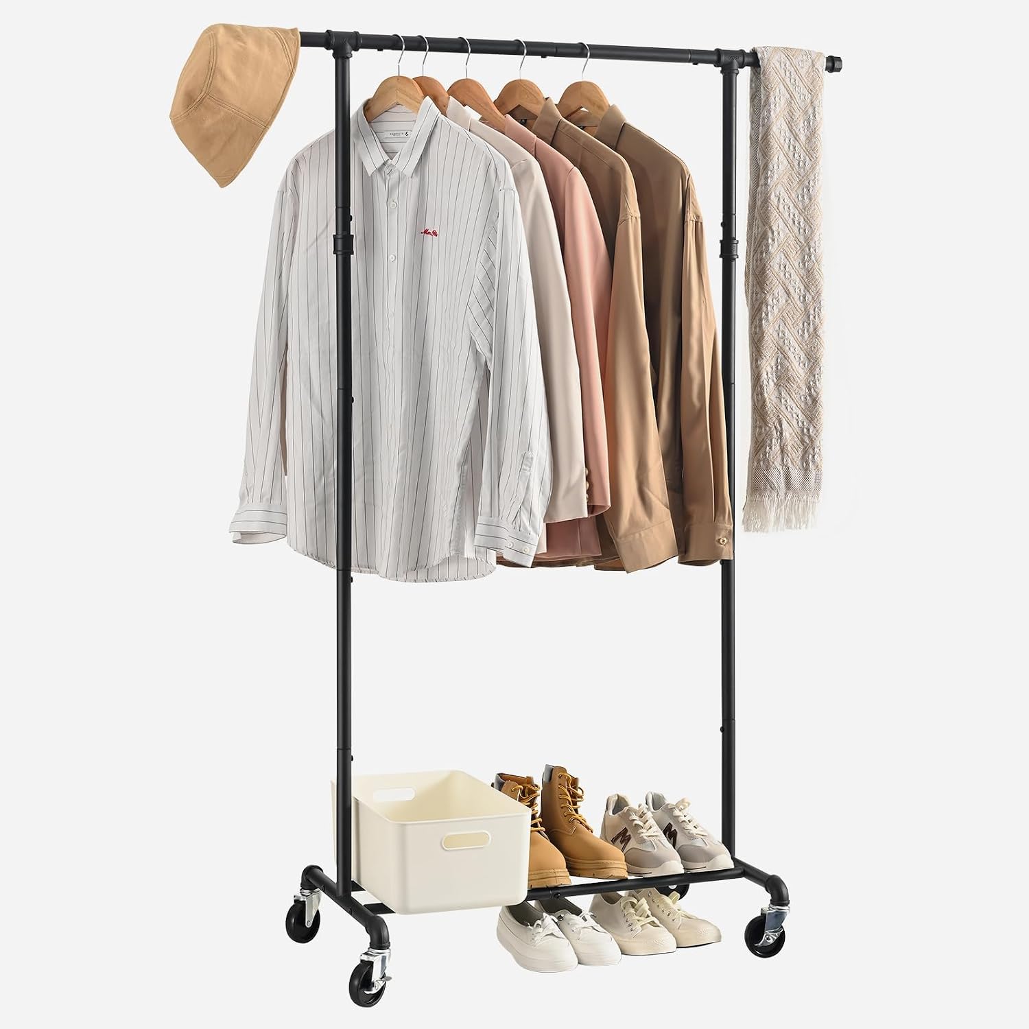 FOUCSSOMEI Clothing Rack with Wheels, Heavy Duty Clothes Rack, Rolling Garment Rack, Metal Clothing Hanger Rack, Closet Organizer, for Bedroom Living Room, Yard Sales, Commercial Grade, Black