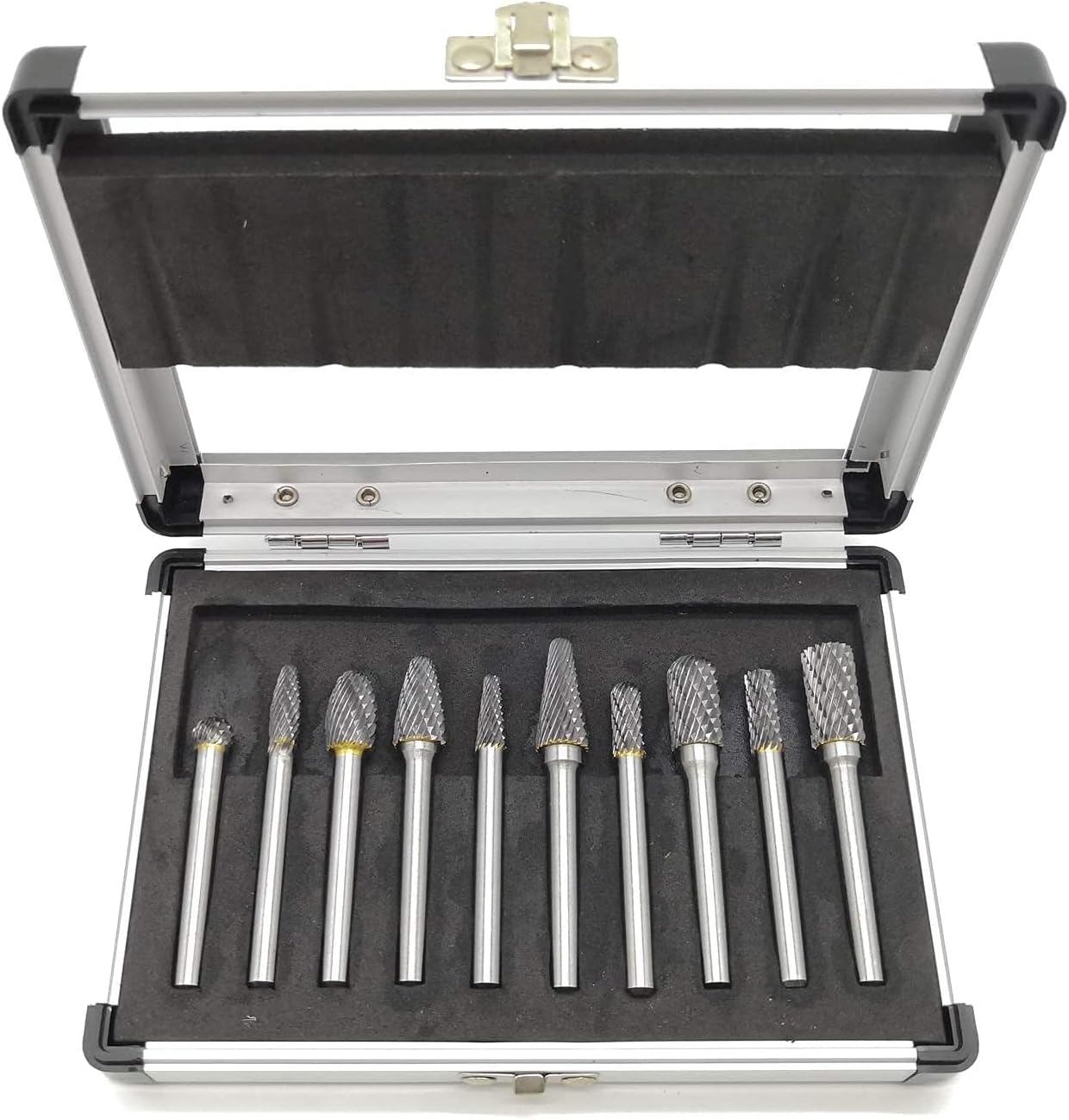 10Pcs Carbide Burr Set on 1/4" Shank, Assorted Double Cut Solid Carbide Rotary Burr Set for Grinder Drill, DIY Wood-working Carving, Metal Polishing, Engraving, Drilling