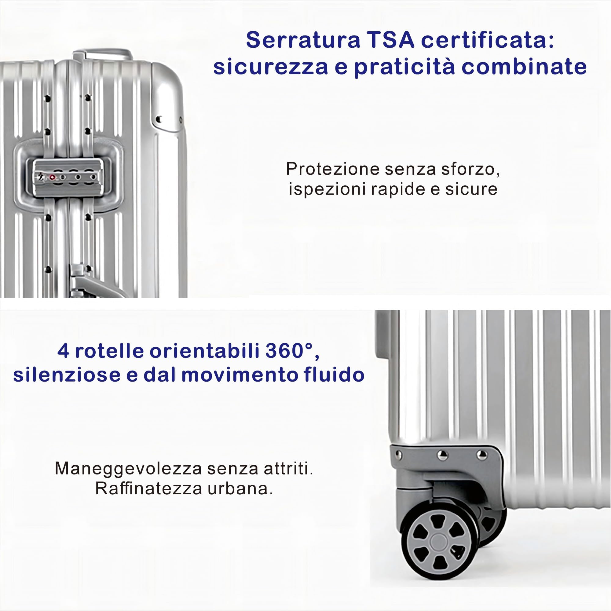 Aoliwei Valigia Bagaglio a Mano con coque in alluminio 100% puro. Valigia Trolley con 4 Ruote Doppie Girevoli e Lucchetto TSA Integrato(Argento,M)