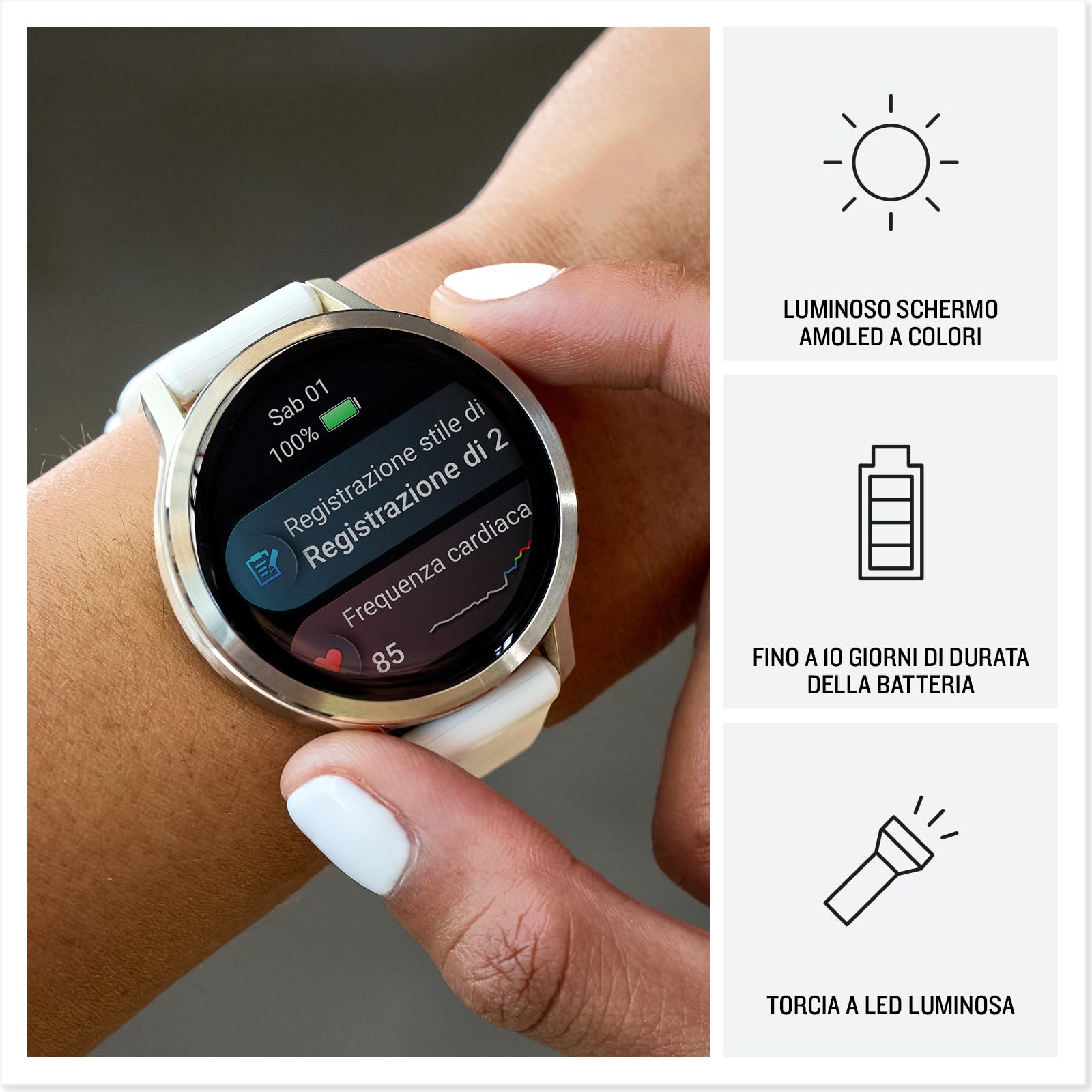 Garmin Venu 4, 41mm, Smartwatch per il fitness, Display AMOLED 1,2", Speaker e Microfono, Comandi Vocali, GPS Multi-band, Torcia, 80+ App per lo Sport, Autonomia 10 giorni (Gray & Silver) - Vista 3