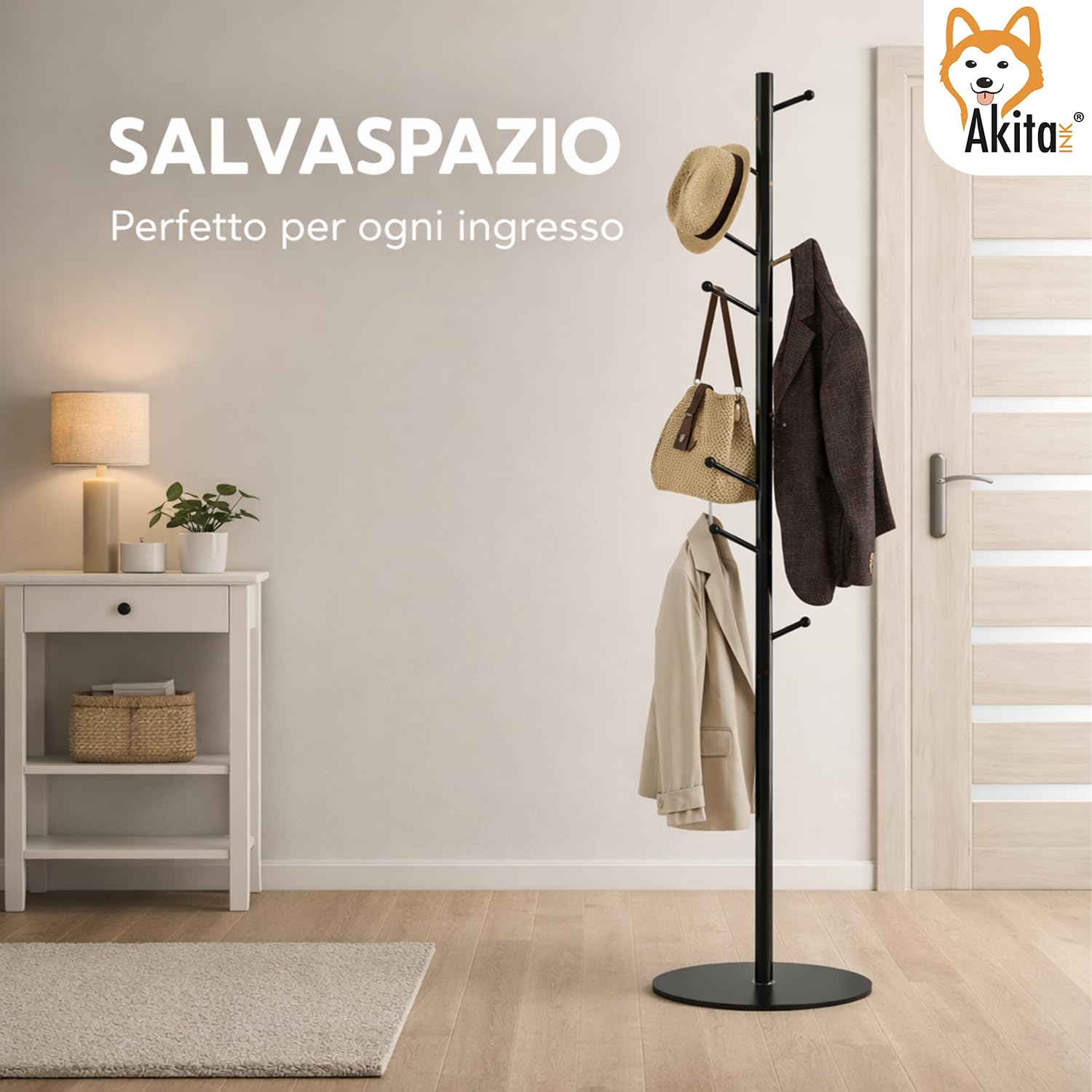 AKITAInk Appendiabiti da Terra a Forma di Albero in Metallo con Base MDF, Attaccapanni con 8 Ganci, Salvaspazio per Vestiti, Cappelli e Borse, Nero, h175 cm