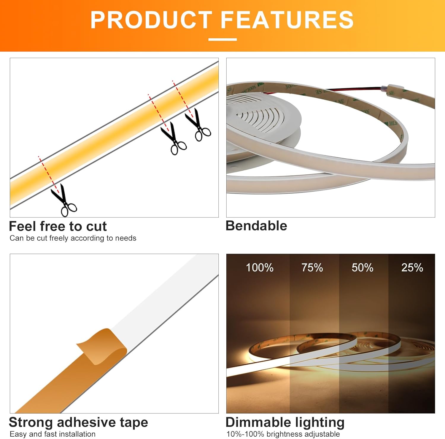 Free Cuttable COB LED Neon Strip Light Waterproof IP68, 12V 16.4ft 3000K Silicone Flexible DIY LED Tape Light for Outdoor Bathroom Swimming Pool Decoration (Without Power Supply)