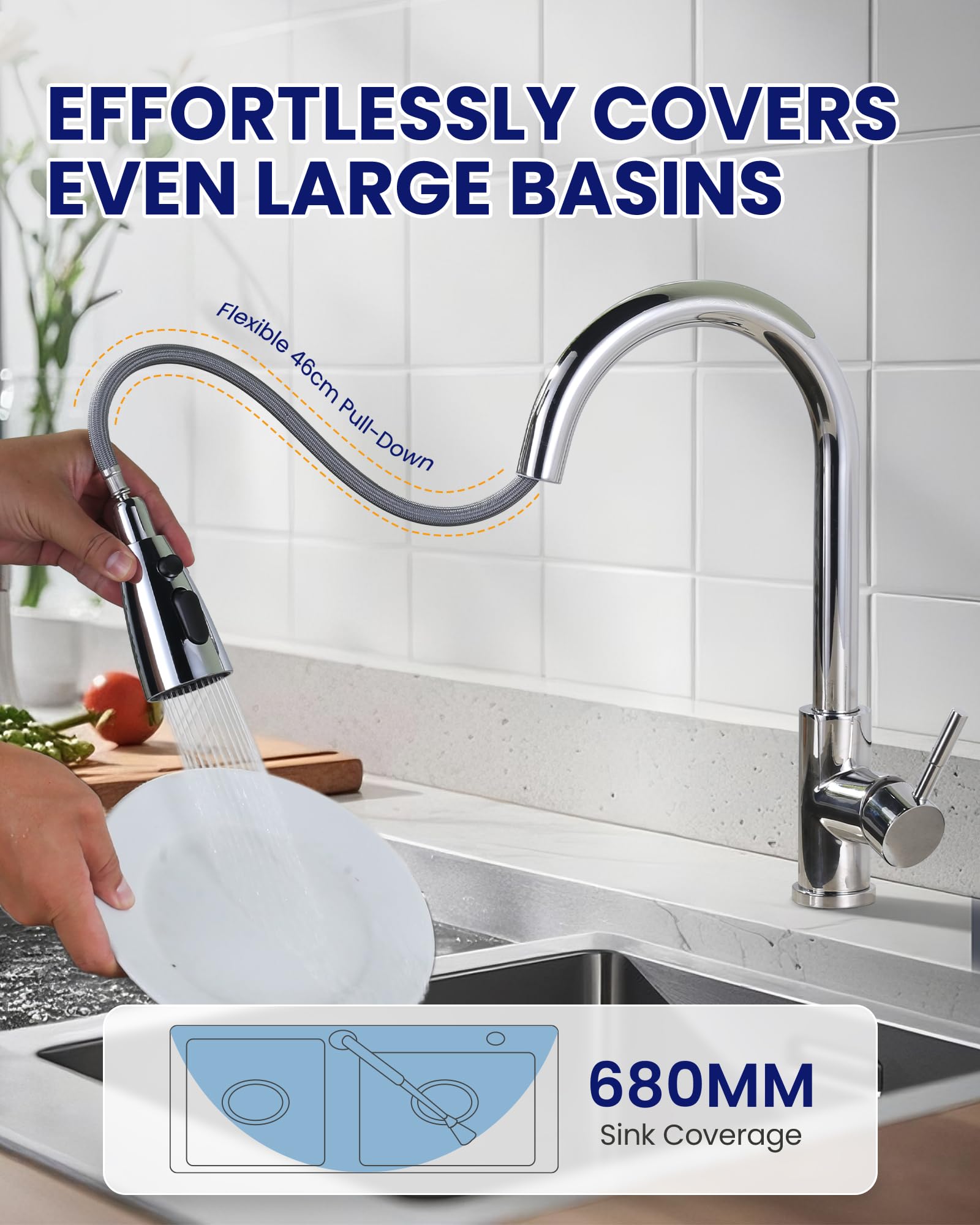 ARCORA Küchenarmatur mit Ausziehbarer Brause, 360° Schwenkbarer Wasserhahn für die Küche, 3 Strahlarten, Einhebelmischer Spültischarmatur aus Edelstahl mit Keramikkartusche, Chrom