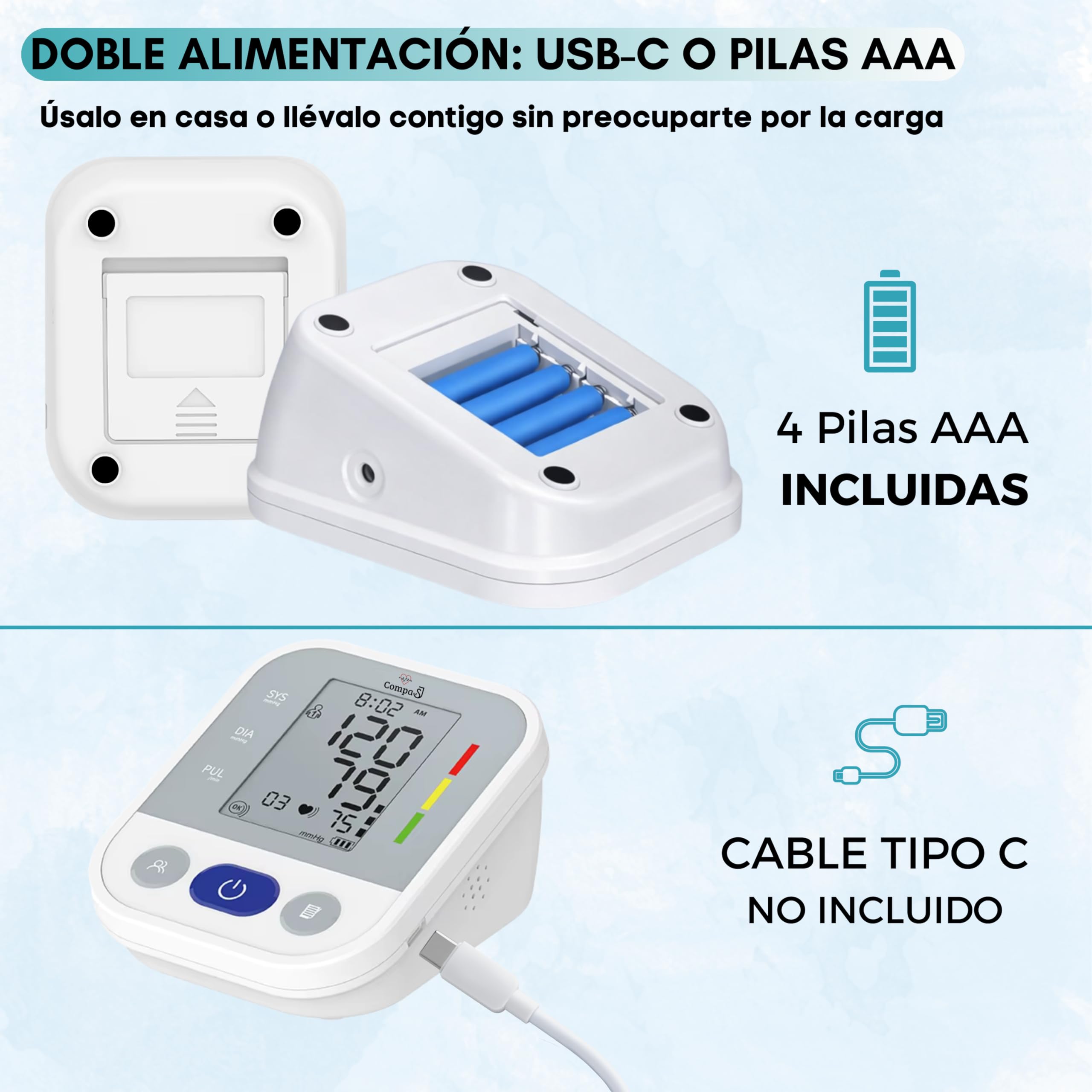 Tensiómetro de brazo Monitor de Presión Arterial Digital Detección de Arritmia, Medición Precisa, Memoria hasta 99 lecturas, Brazalete Ajustable 22-42cm, para Mayores Familias. Incluye Pilas