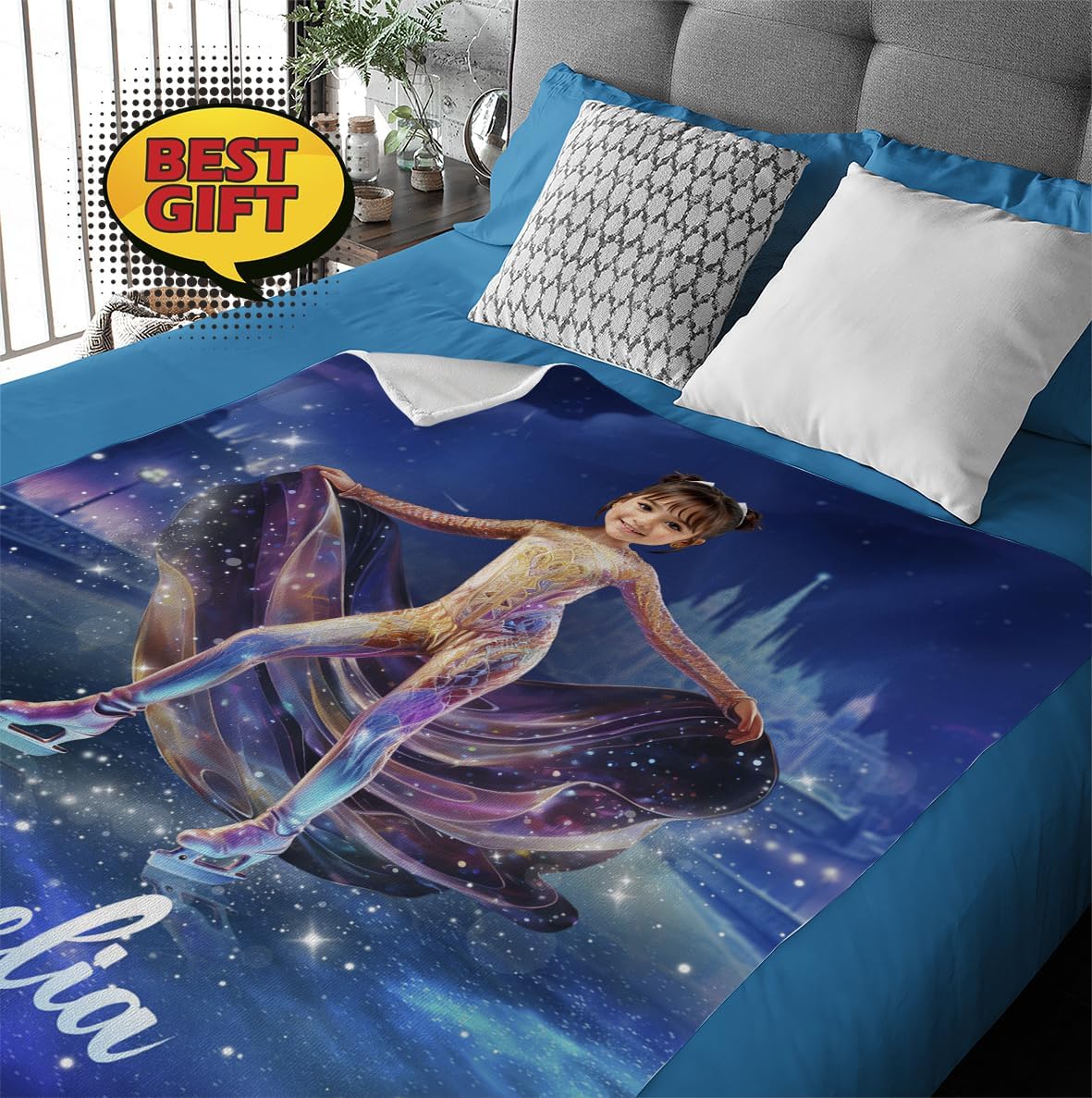 Custom Blankets with Photos, Figure Skating Gift Ideas for Girls, Kids Blankets Personalized with Face 30 x 40, Figure Skater Christmas Birthday Gifts Ideas for Her, Gift for Daughter Grandkid KC59