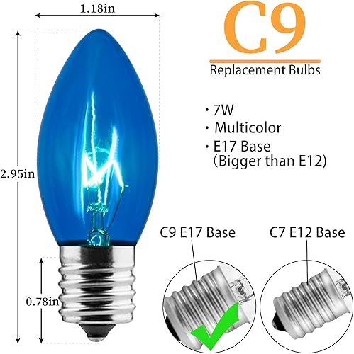 Miniatura 9 de Bombillas de repuesto C9 transparentes incandescentes paquete de 25 bombillas de repuesto para luces de Navidad C9, base intermedia E17, 7 vatios