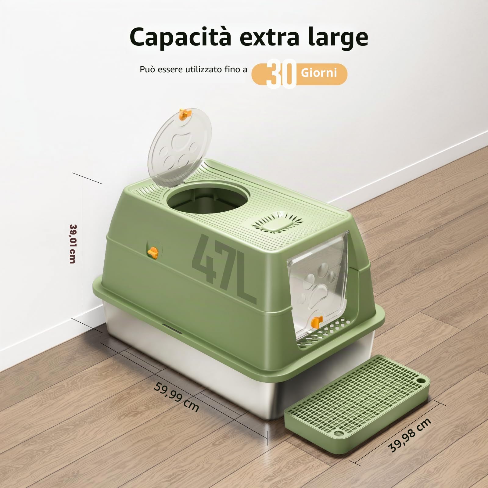 Lettiera per Gatti in Acciaio Inox, Lettiera Gatto Chiusa XXL, 60 x 40 x 39 cm Toilette per Gatti Grande XL con Pala, Cassette igieniche per gatto, Doppio Strato Opaco - Verde