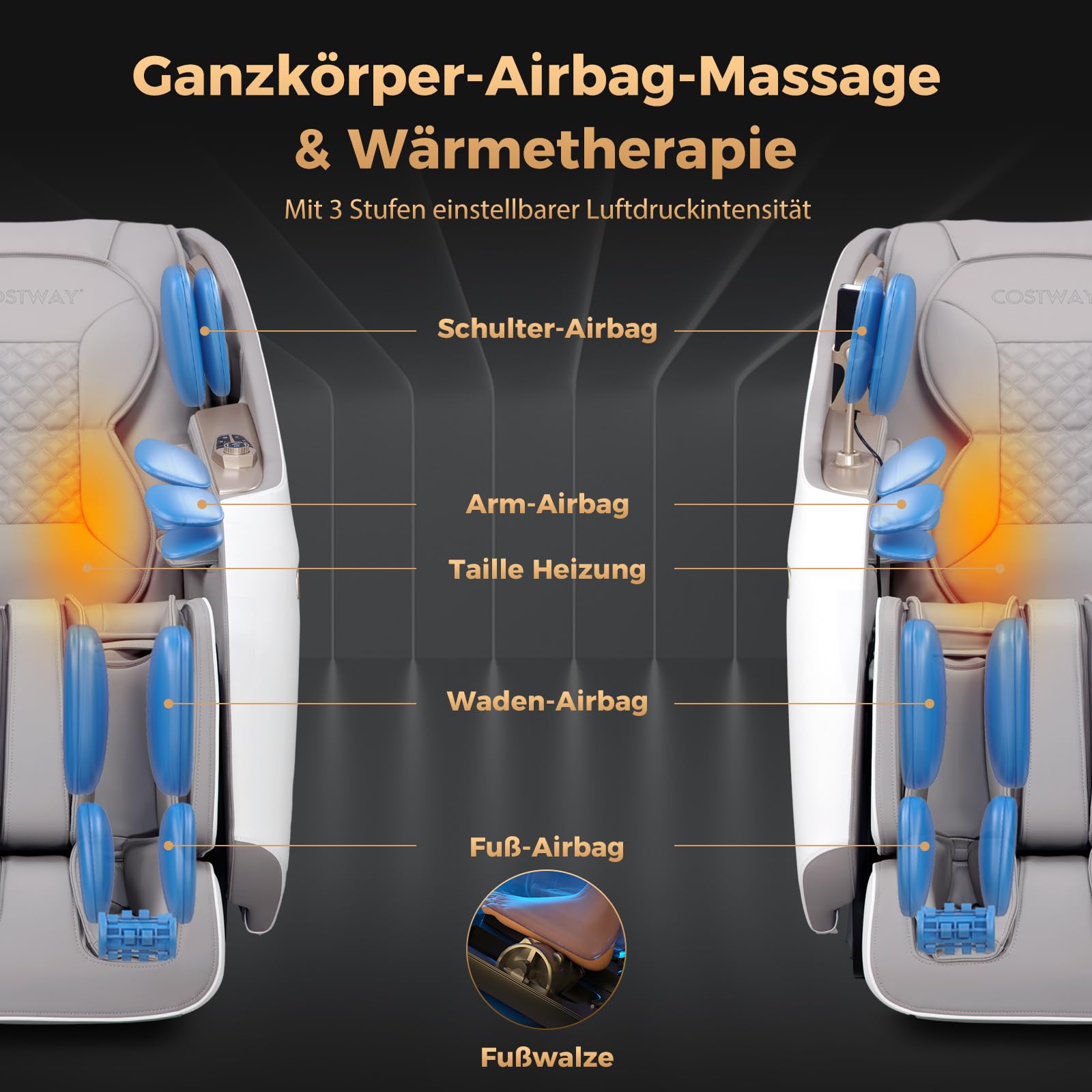 COSTWAY Massagesessel, Zero Gravity SL Track Shiatsu Massagestuhl Heizung & Luftdruckmassage, Ganzkörpermassagesessel mit 12 Automatik-Modi & Fernbedienung, Elektro Relaxsessel für Zuhause (Weiß)