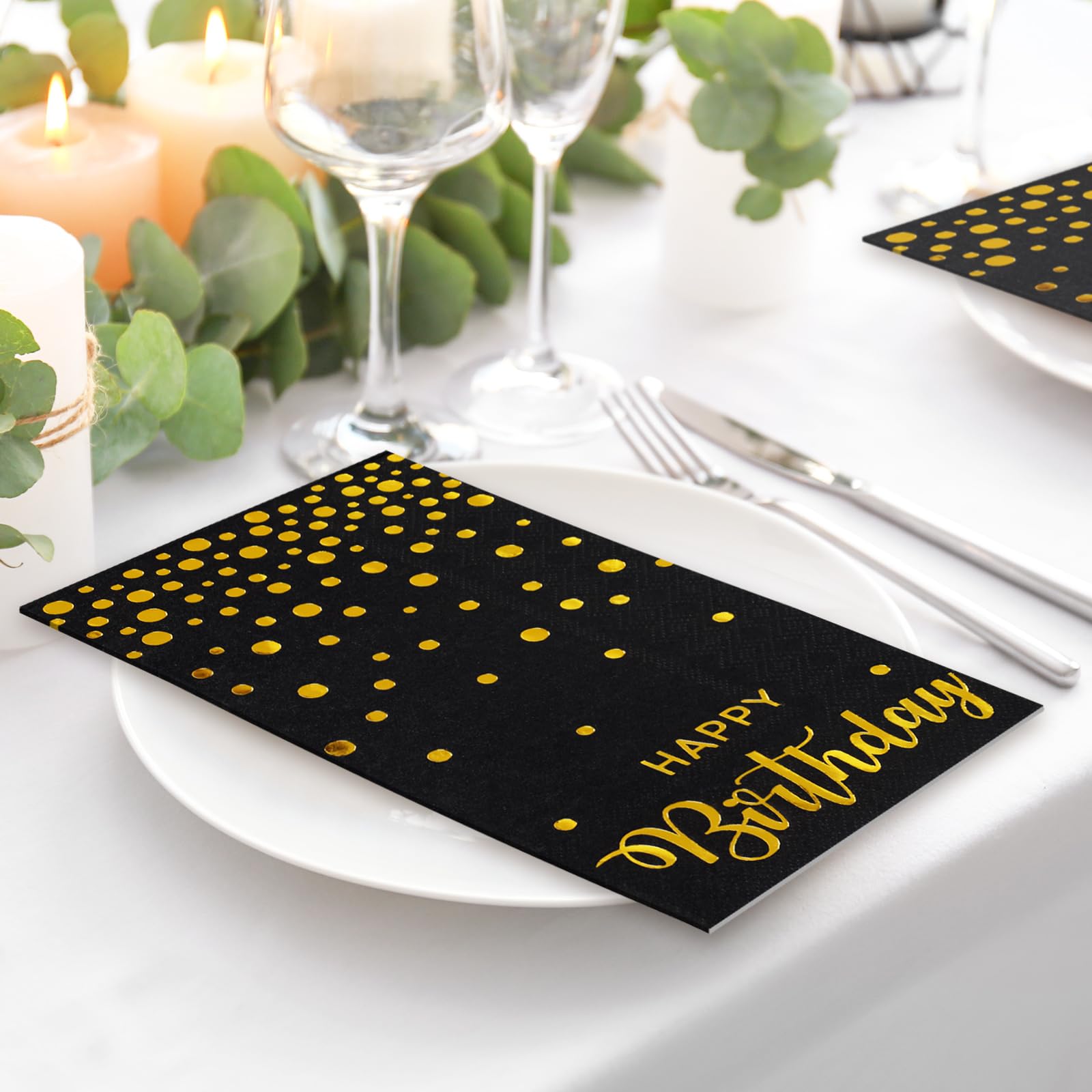 JarThenaAMCS 50 servilletas de papel desechables para invitados de feliz cumpleaños, papel de aluminio negro y dorado, servilletas de mano, para decoración de mesa de fiesta de cumpleaños