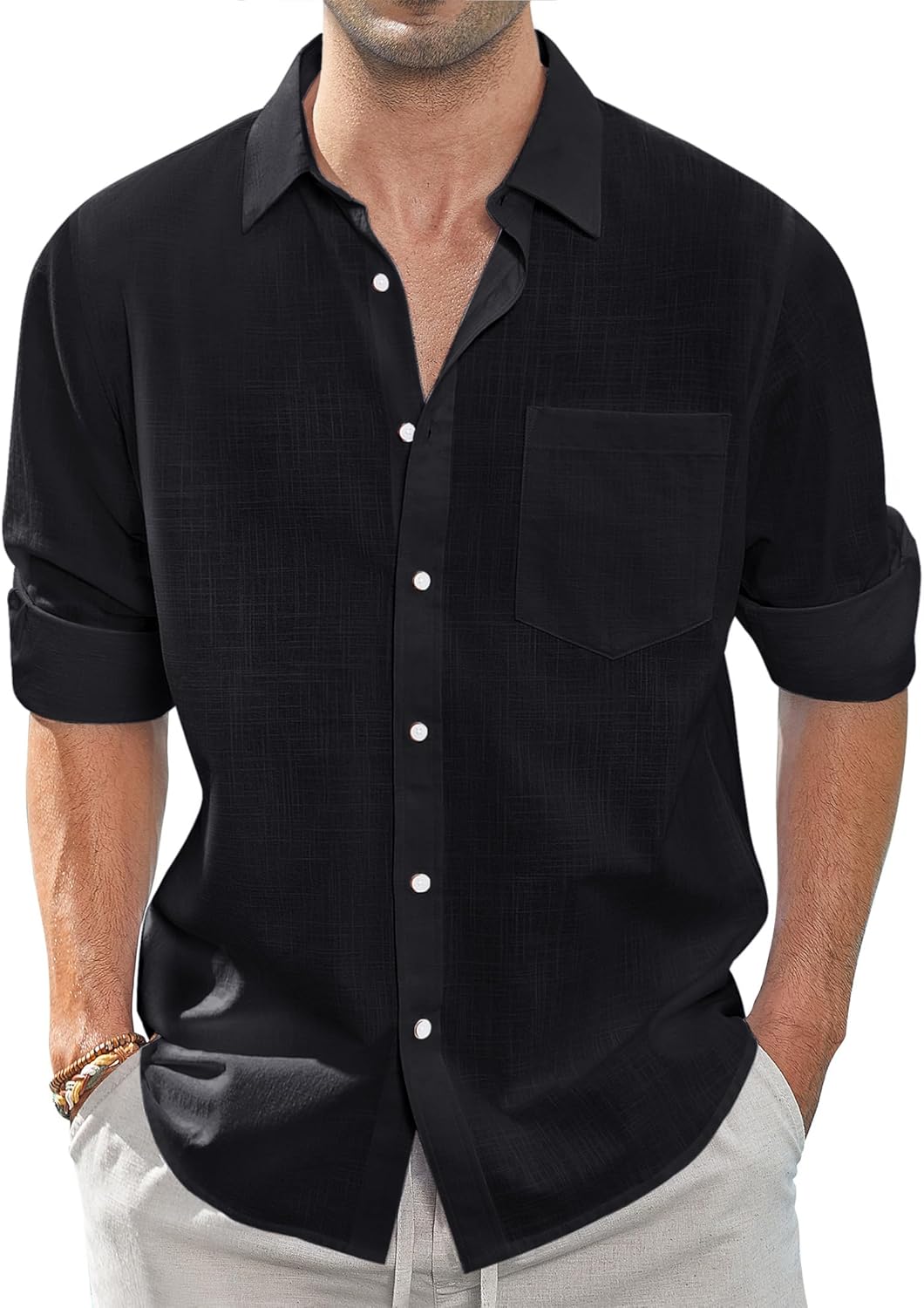 Herren Leinenhemden Freizeit Button Down Langarm Hemd Einfarbig Spread Hemden - Bild 28 von 57