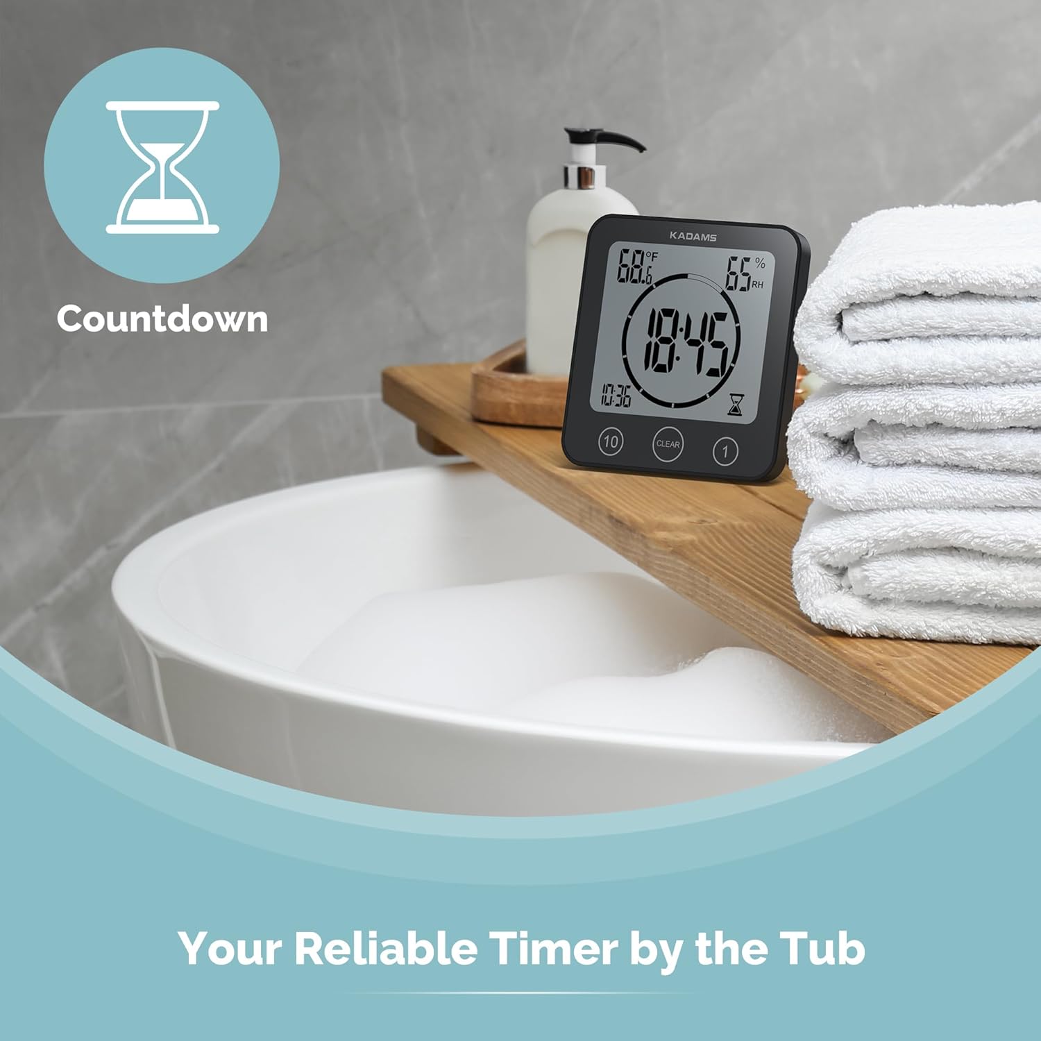 KADAMS Shower Clock displaying a countdown timer.