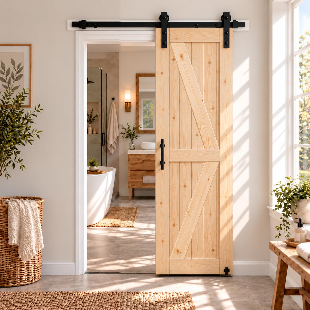 S&amp;Z TOPHAND® 28in x 84in Unfinished British Brace Knotty Barn Door with Sliding Door Hardware Kit/Solid Wood/Sliding/Double Surfaces/A Simple Assembly is Required