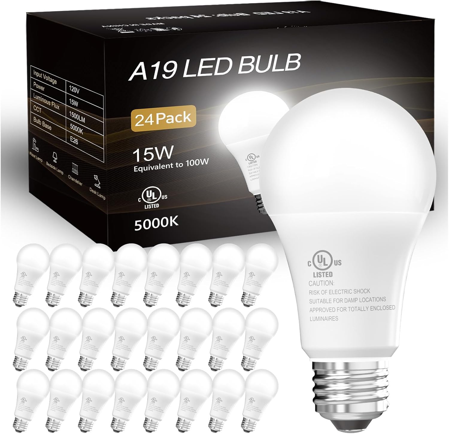 dalattin 24 Pack LED Bulbs Daylight White 5000K, 100 Watt Equivalent A19 Standard Bulbs, E26 Base, 1500 LM, Efficient 15W Energy Saving, Non-Dimmable, 80+ CRI, 120V, UL Listed, for Living Room, Office