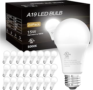 dalattin 24 Pack LED Bulbs Daylight White 5000K, 100 Watt Equivalent A19 Standard Bulbs, E26 Base, 1500 LM, Efficient 15W Energy Saving, Non-Dimmable, 80+ CRI, 120V, UL Listed, for Living Room, Office