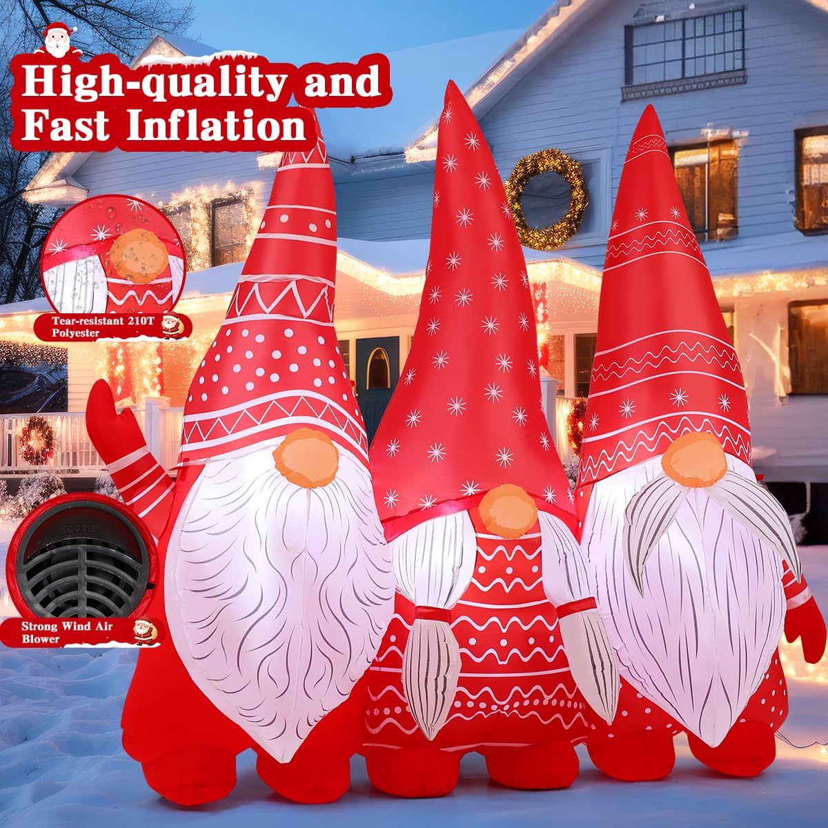 GOOSH 6.8 FT Long Christmas Inflatables Gnomes Outdoor Decoration, Xmas Blow Up Yard Decor, Built-in LED Lights for Holiday Party Outdoor Indoor Lawn Garden