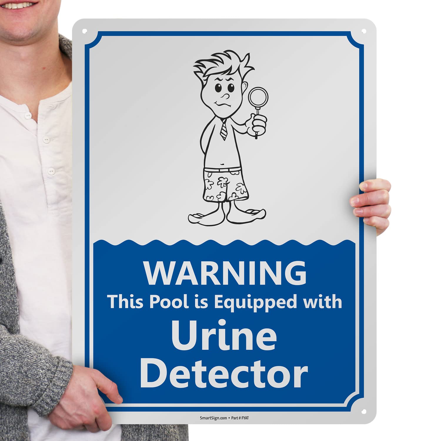 SmartSign 24 x 18 inch “Warning - This Pool is Equipped with Urine Detector” Funny Pool Metal Sign, 80 mil Laminated Rustproof Aluminum, Blue, Black and White