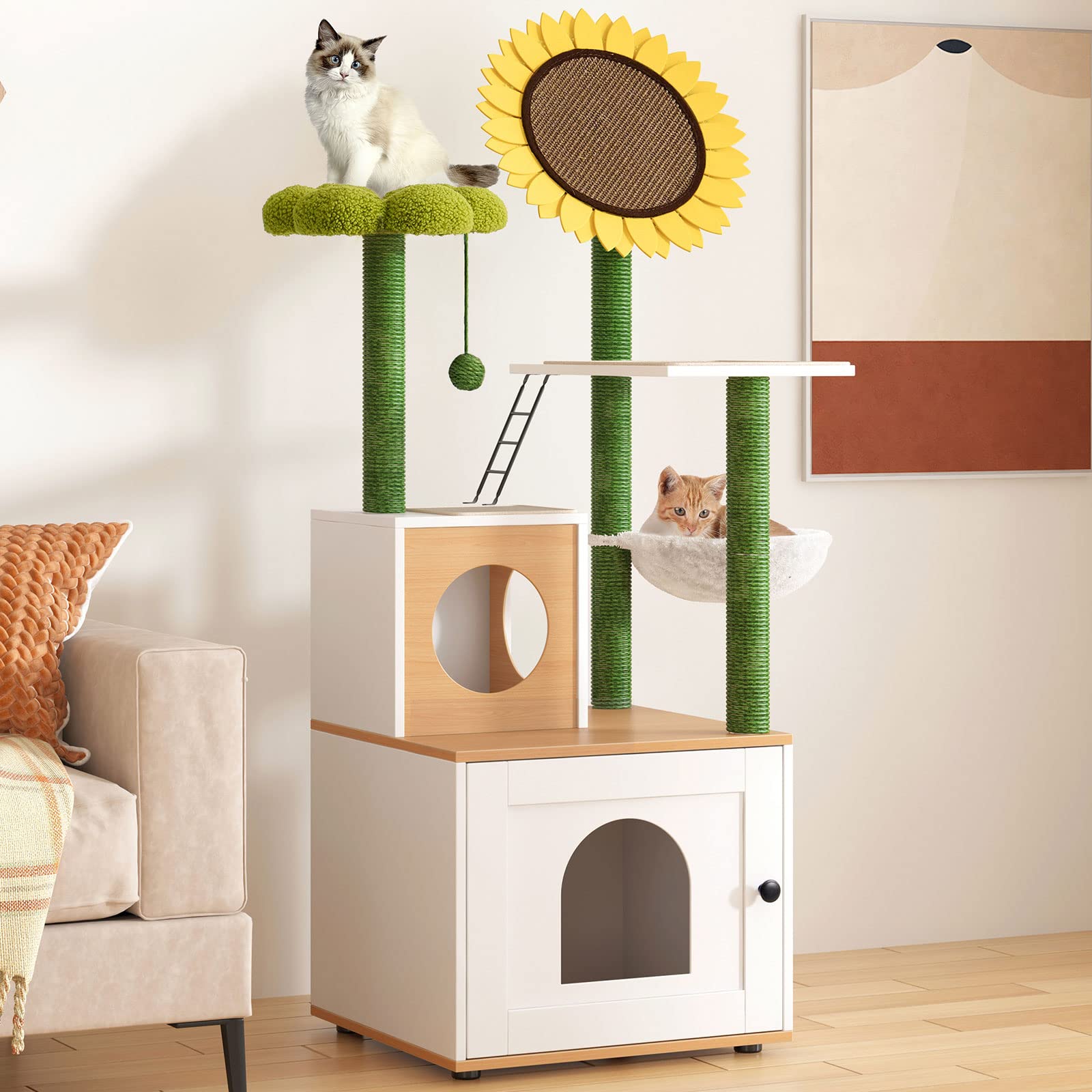 Sogesfurniture Albero per gatti, 152 cm, mobile a più piani con porta, grotta, tiragraffi, corda in sisal, verde, asta e amaca morbida