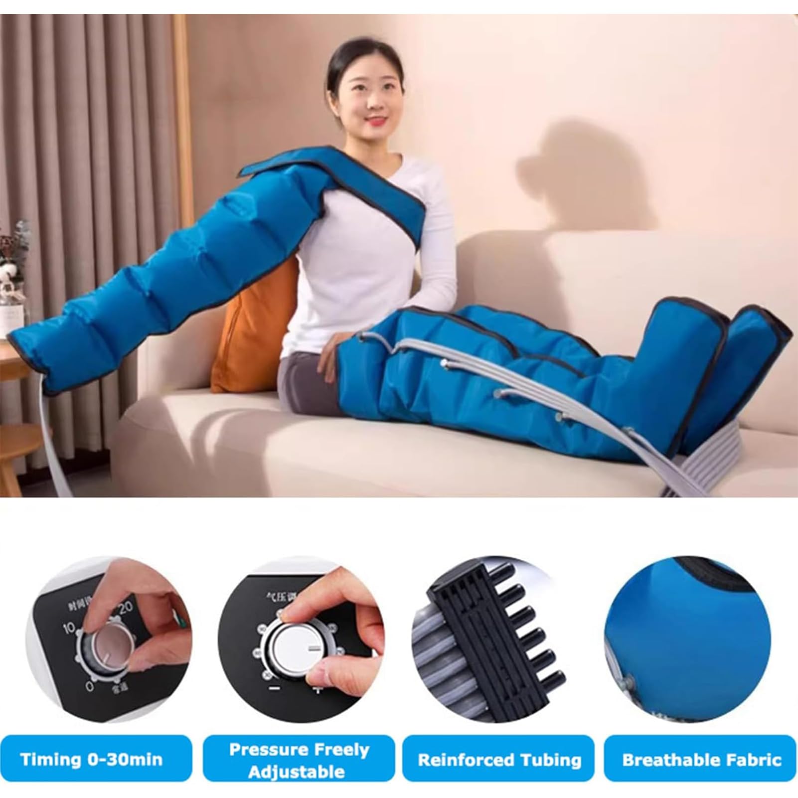 Masajeador de piernas de compresión de aire, tratamiento de presoterapia para linfedema y lipedema, botas de compresión de presión ajustables para alivio de piernas y pies