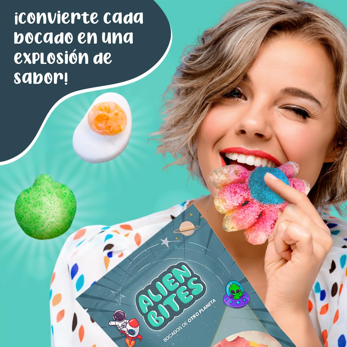 Alien Bites - Pack de 4 Bolsas de 50g de Chuches Liofilizadas - Gominolas Freeze Dried - Chuches para Cumpleaños, Regalos y Snacks - Sin Gluten (Pulpo, huevo, manzana, cola) (P1)