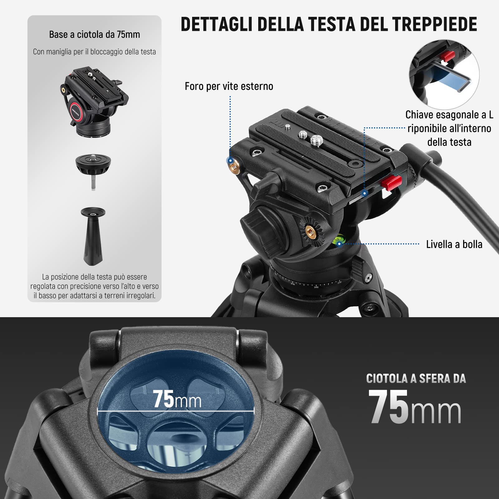 NEEWER Treppiede video da 74" con testa a fluido e controllo dell'attenuazione, in alluminio resistente, professionale, con piastra QR per videocamere DSLR, panno per la pulizia, carico massimo 17,6