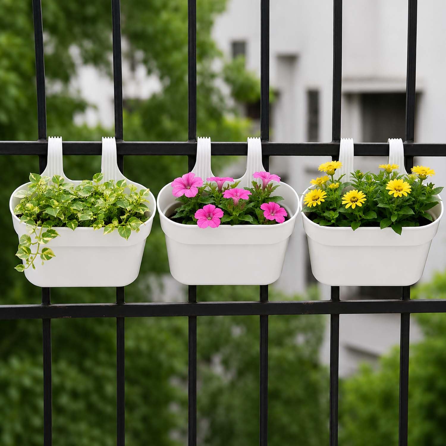Go Hooked 12 Inch Plastic Railing Hanging Planter Pot Set of 3 | Rectangular Flower Pots with Double Hook for Garden Fence Balcony Indoor Outdoor Home Décor | Durable Plant Container (White)-picture-16