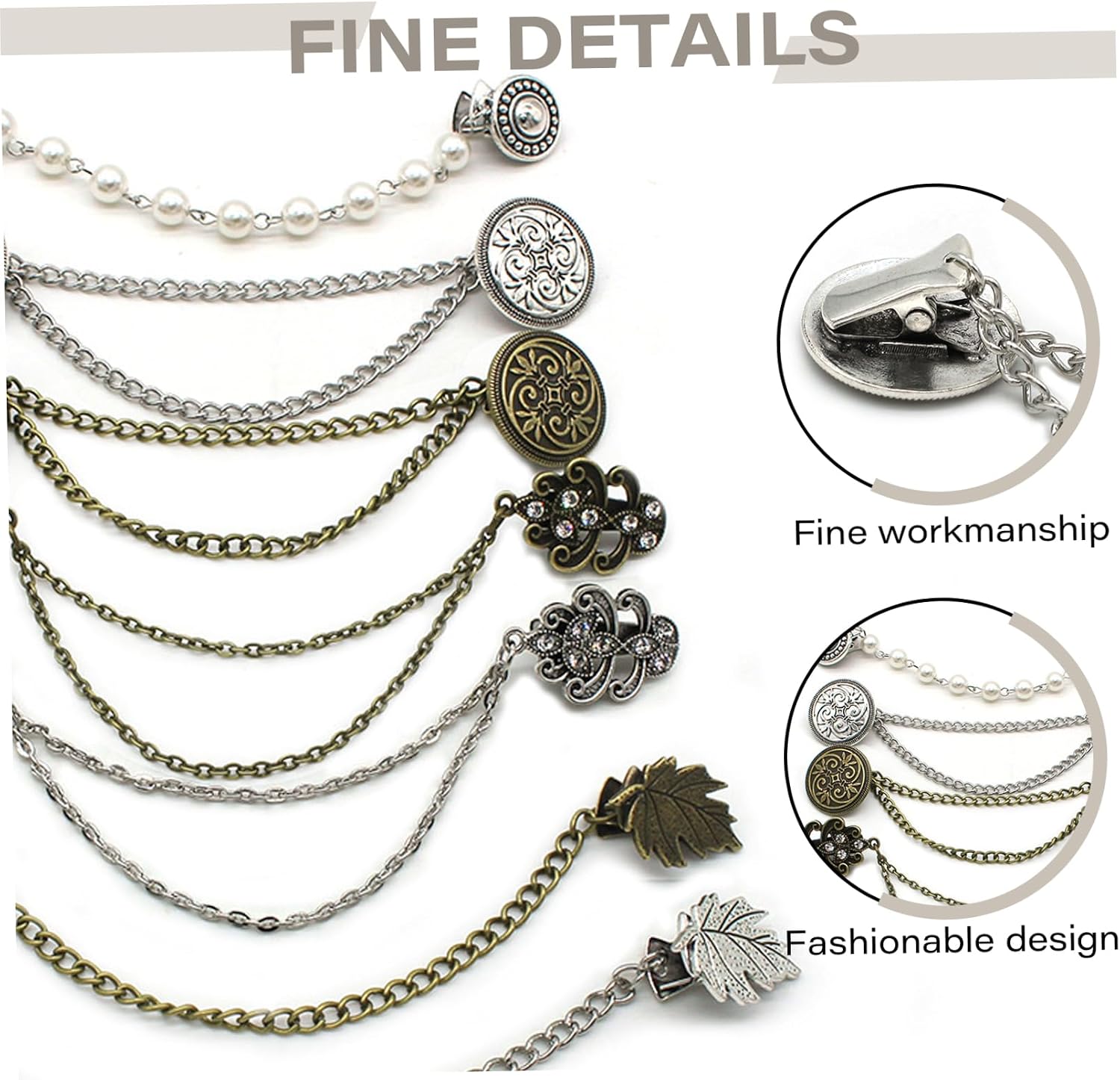 7 Pcs Sweater Clips Retro Shawl Dresses Clips with Chains Serration Attachment Decorative Zinc Alloy Cardigan Cloak Clasp for Women, Girl Ideal Gift image 3