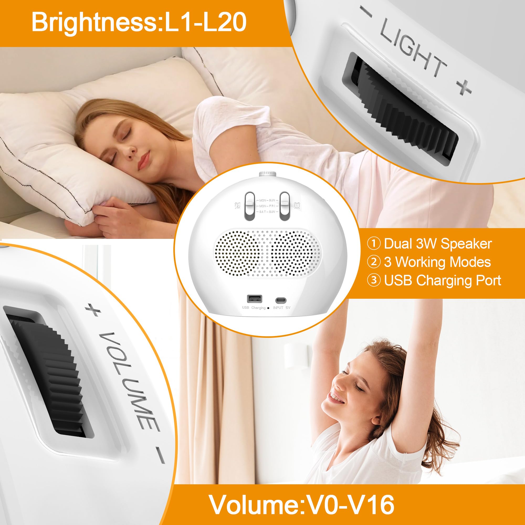 Réveil Lumineux avec Enceinte Bluetooth, Simulateur d'Aube, Radio Réveil Numérique, Lampe de Chevet Multicolore, Snooze, 22 Sons de Sommeil, Minuterie, 20 Luminosités