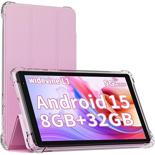Android 15 Tablet with Case, 7 Inch 8GB RAM+32GB ROM/ 1TB Expandable Computer, 5MP Camera Tablets, 1.6Ghz Quad-core Processor, 3000mAH Battery Tablet PC, 5G WiFi, Games 7'' Android Laptop Pink