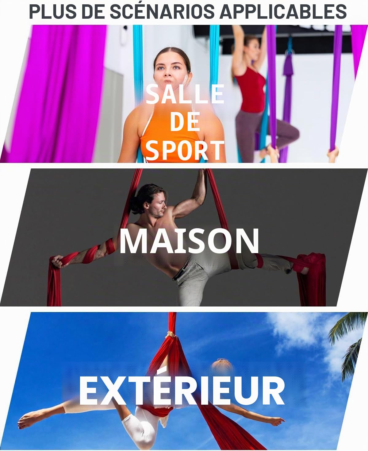 Aerial Serviette de yoga 8 m, kit vertical, avec accessoires, faible étirement, tissus de qualité supérieure