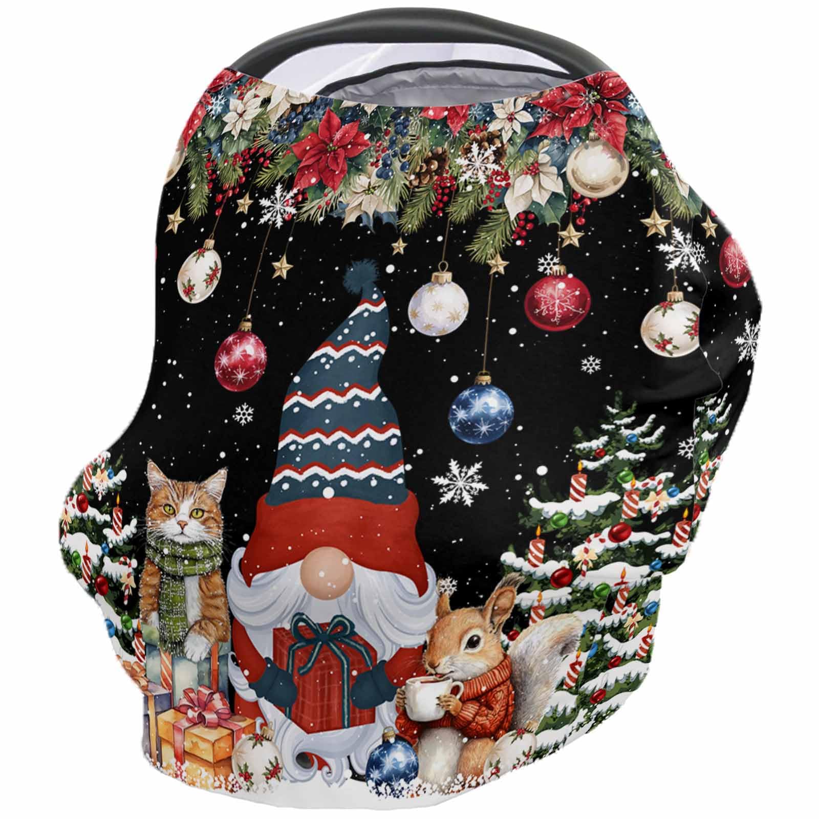 Nursing Cover for Breastfeeding Scarf, Merry Christmas Gnomes Poinsettia Xmas Tree Squirrel Black Baby Car Covers Super Soft Multi Use for Canopy Shopping Cart Cover Blanket Stroller Cover