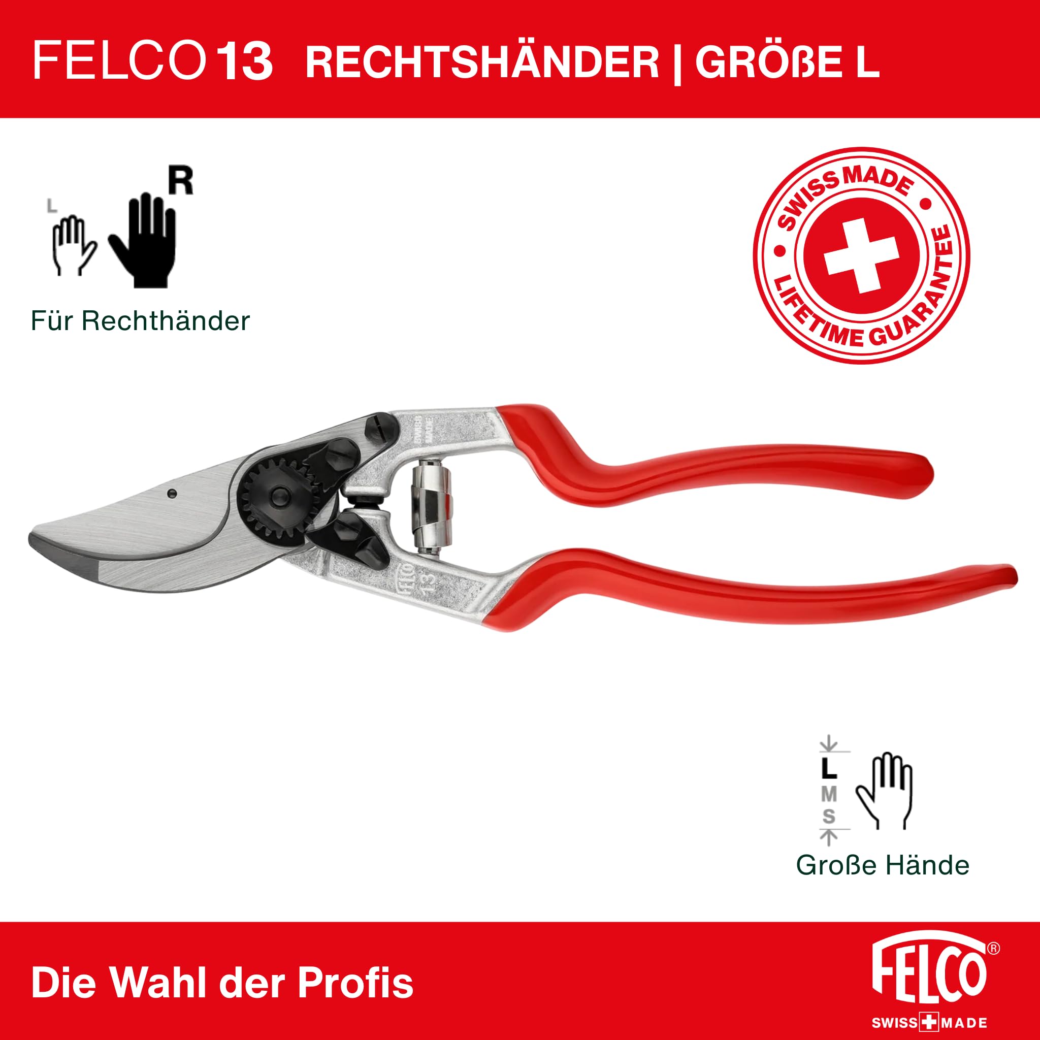 FELCO 13 Bypass-Gartenschere für Rechtshänder, große Hände, 55 mm Klinge, Schnitt bis 30 mm, verlängerter Griff für beidhändige Nutzung, ergonomisch, Swiss Made