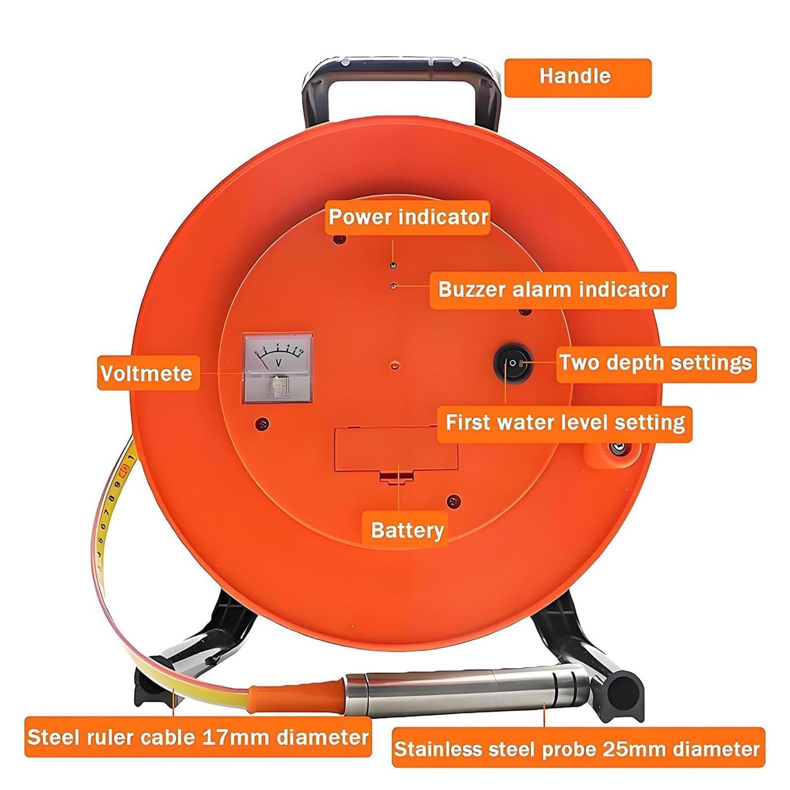 Medidor de nivel de agua con sonda de acero inoxidable y cinta, medidor de profundidad con voltímetro y alerta de zumbador para pozos, pozos, depósitos