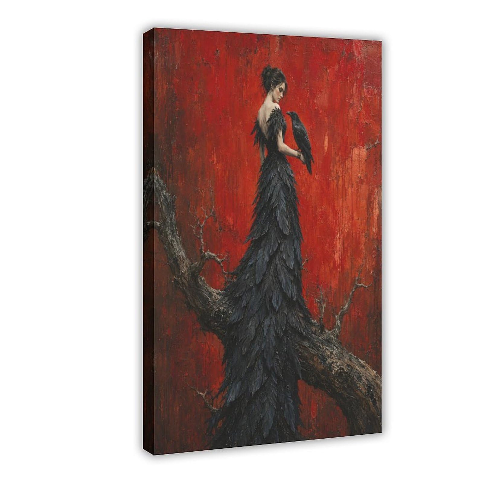 H3b8u2y5 Frame-Style-6 Raven Woman With Feather Dress Canvas Wall Art, Moonlit Stage