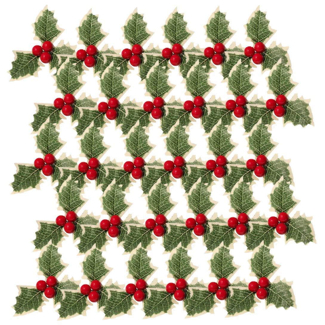Bemonew Christmas Artificial Holly Berry with Green Leaves DIY Wreath Arrangement Decoration 30PCS