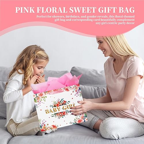 Miniatura 5 de Bolsa de regalo floral rosa grande de 13 pulgadas para bebé, incluye papel de regalo, papel de seda rosa y tarjeta para regalos de recién nacidos,