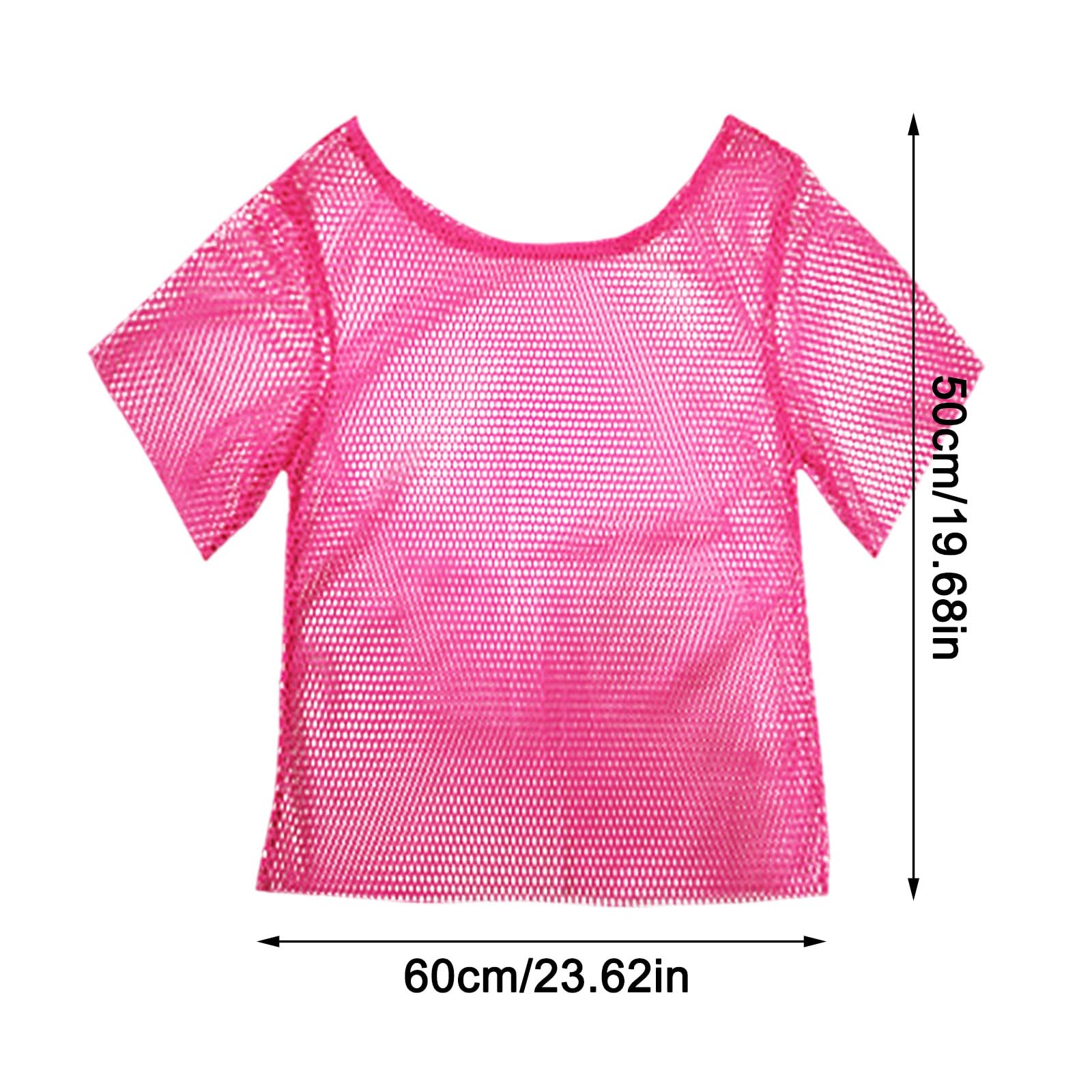 FUIPVGI 2 Pcs 80s Fancy Dress Fishnet Top for Women, Neon Mesh Tops, Halloween Costumes Set, Off The Shoulder T-Shirt 1980s, Fishnet Costume Accessories (Pink, Black) - Image 3